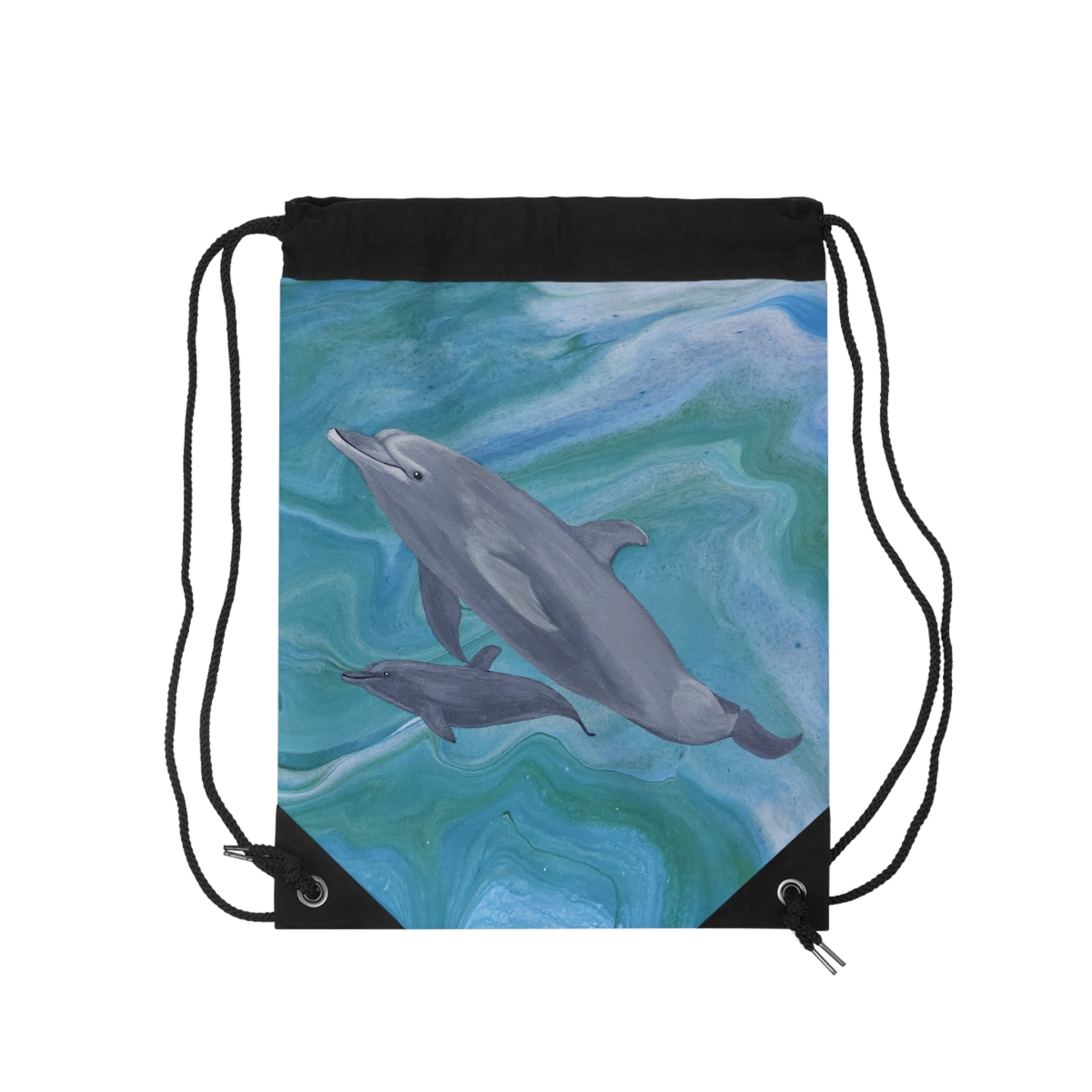 Drawstring bag with dolphins design on a white background