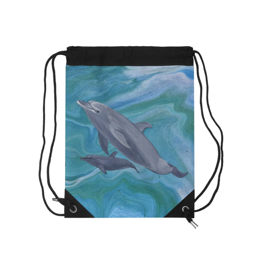 Drawstring bag with dolphins design on a white background