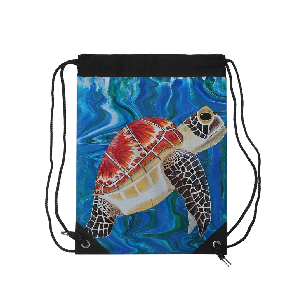 Drawstring bag with a turtle design on a blue wave background