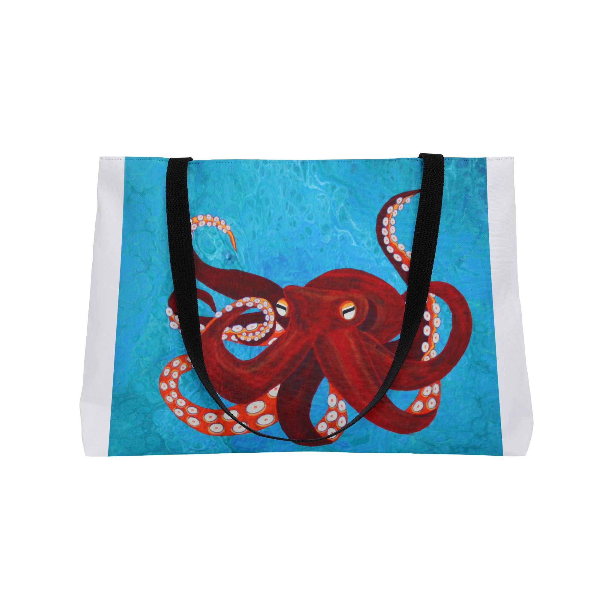Tote bag with a red octopus design on a blue background