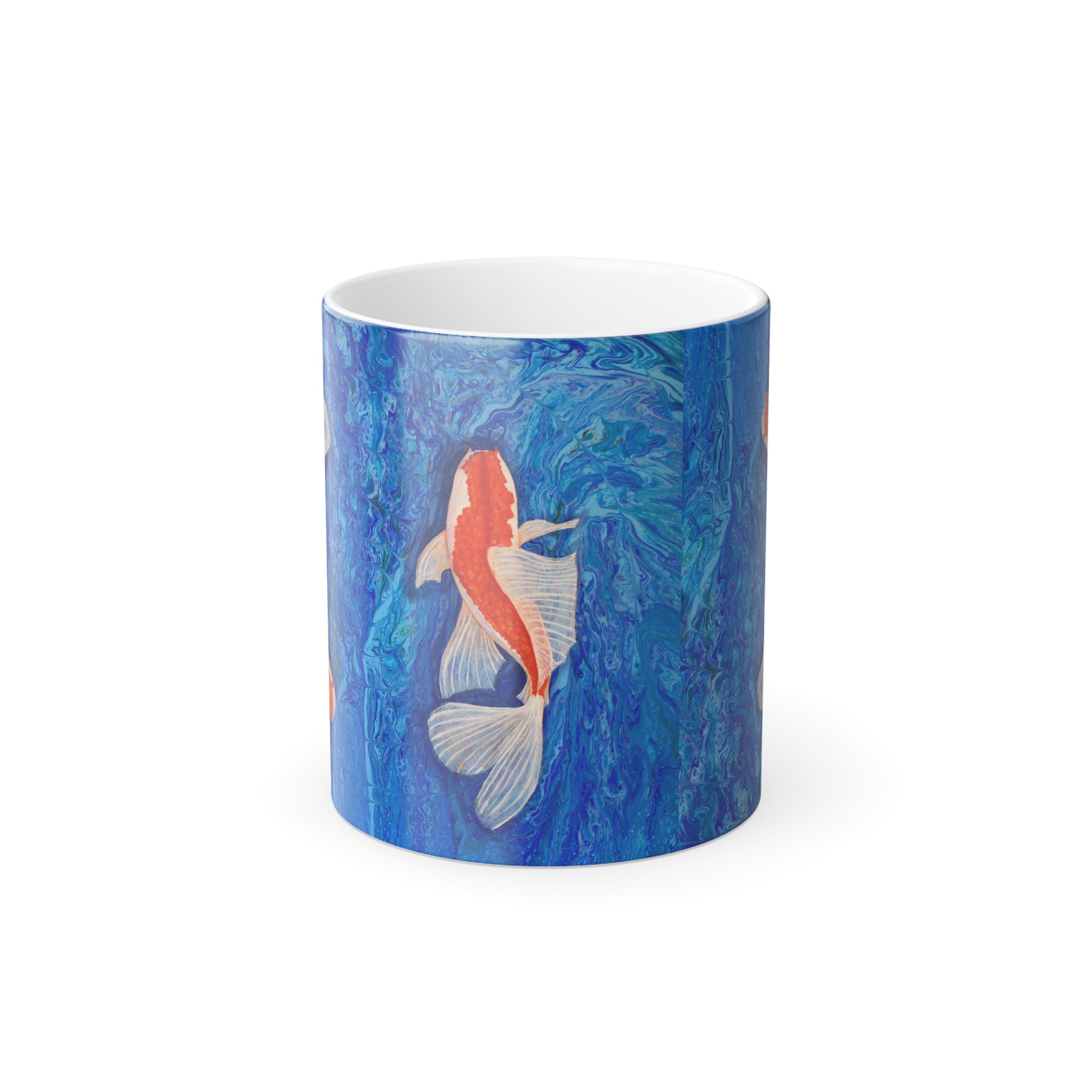 Mug with a colorful fish design on a blue background