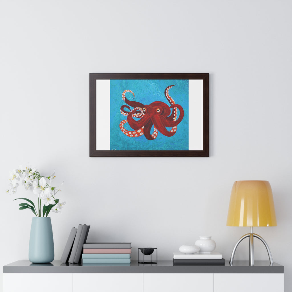 Framed artwork of a red octopus on a blue background, displayed above a shelf with decor items.