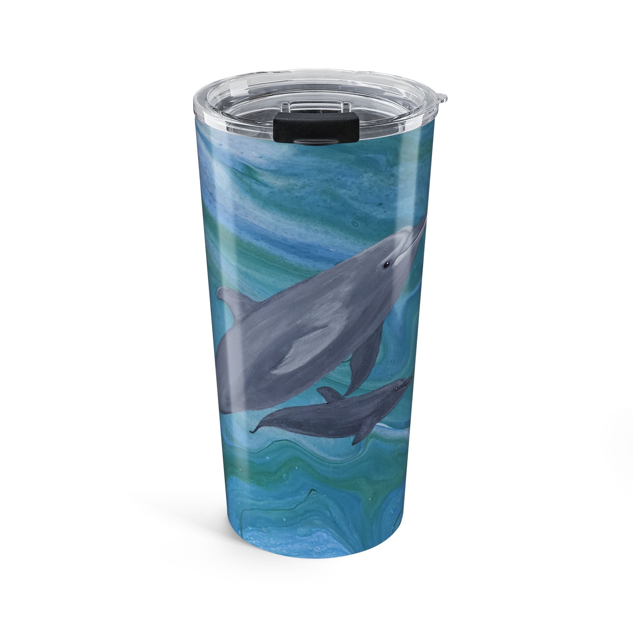 Tumbler with dolphin design on a white background