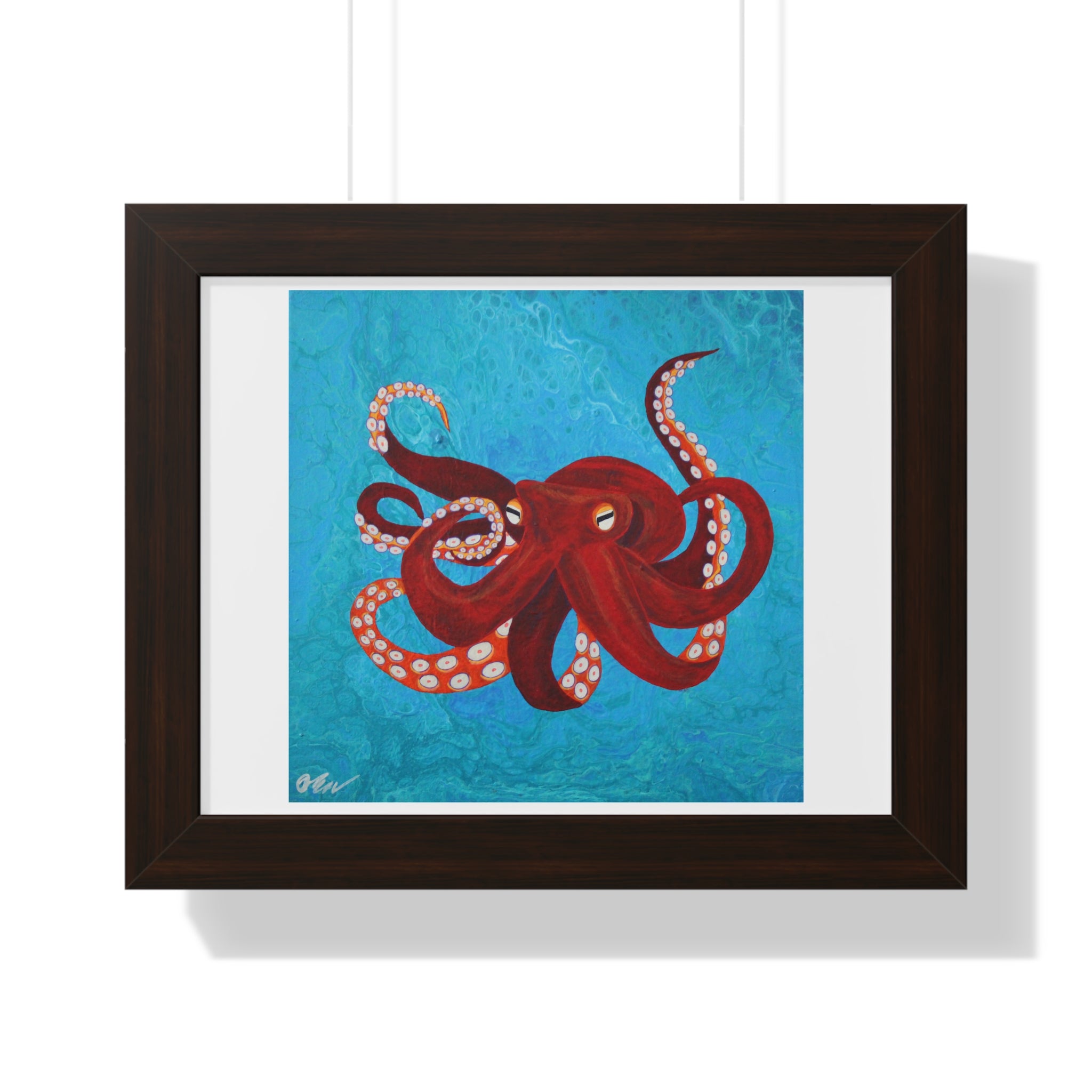 Framed artwork of a red octopus on a blue background