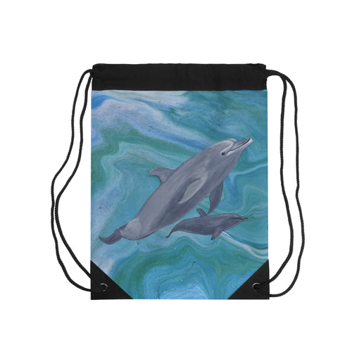 Drawstring bag with dolphins design on a white background