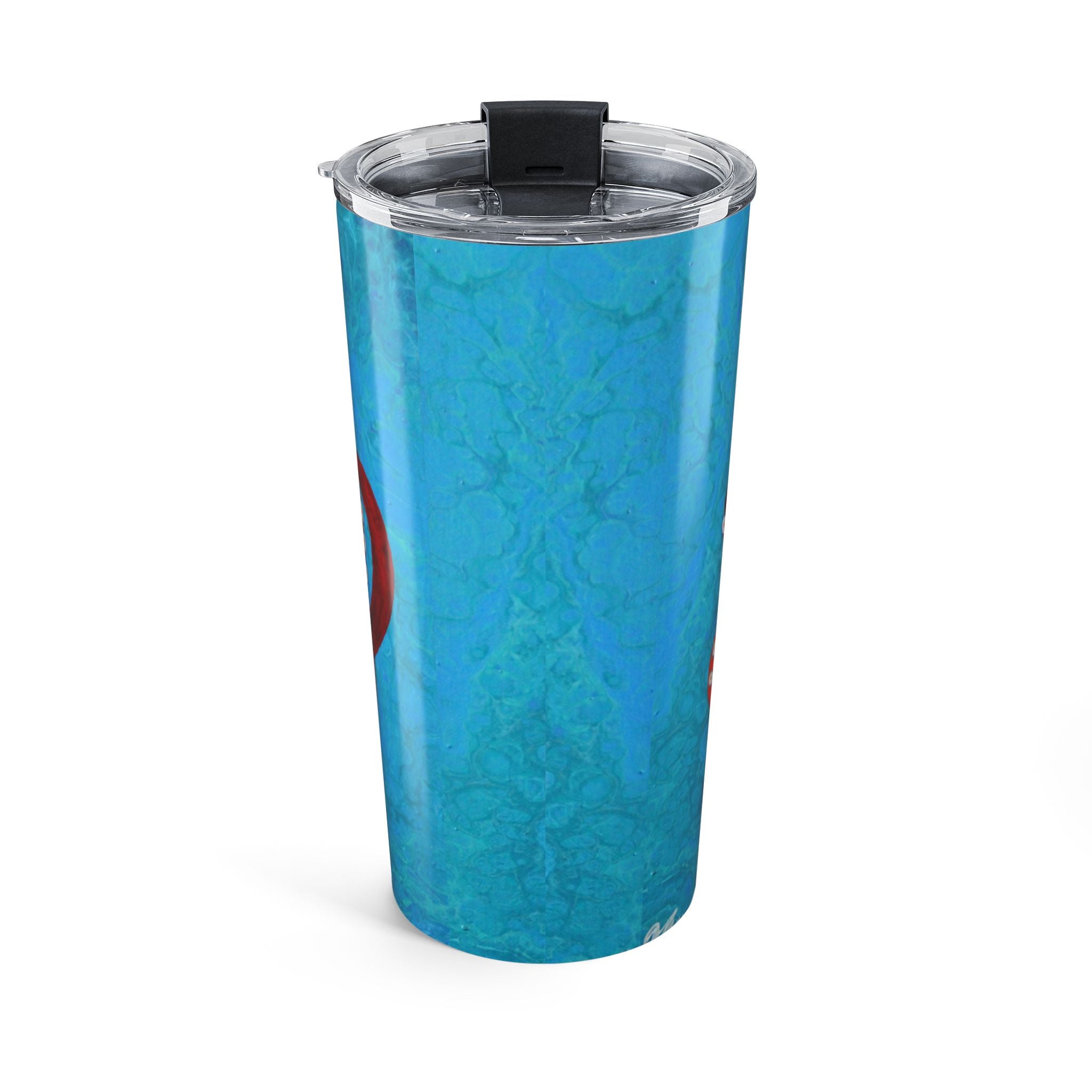 Blue tumbler with a clear lid on a white background