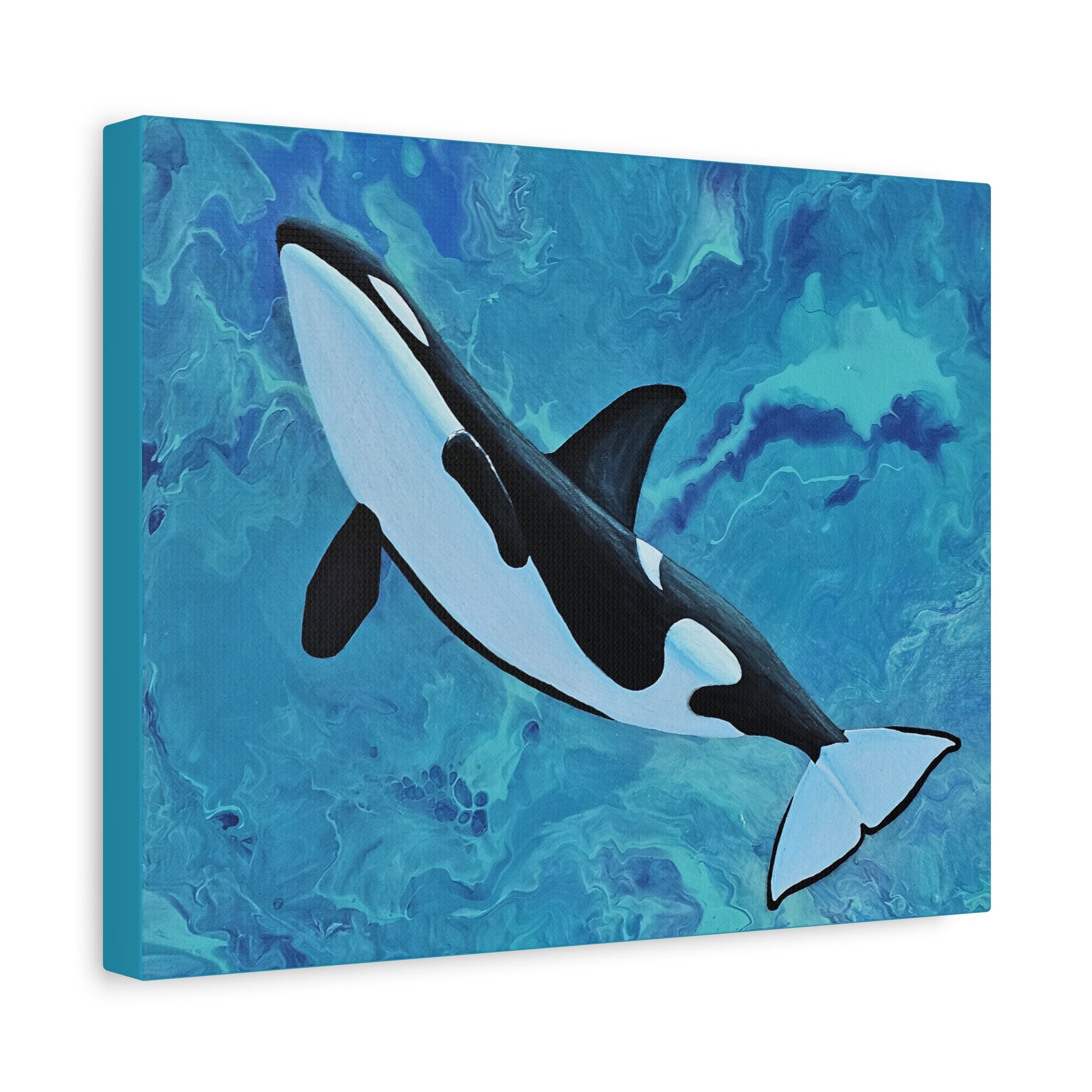 Canvas print of an orca whale on a blue abstract background