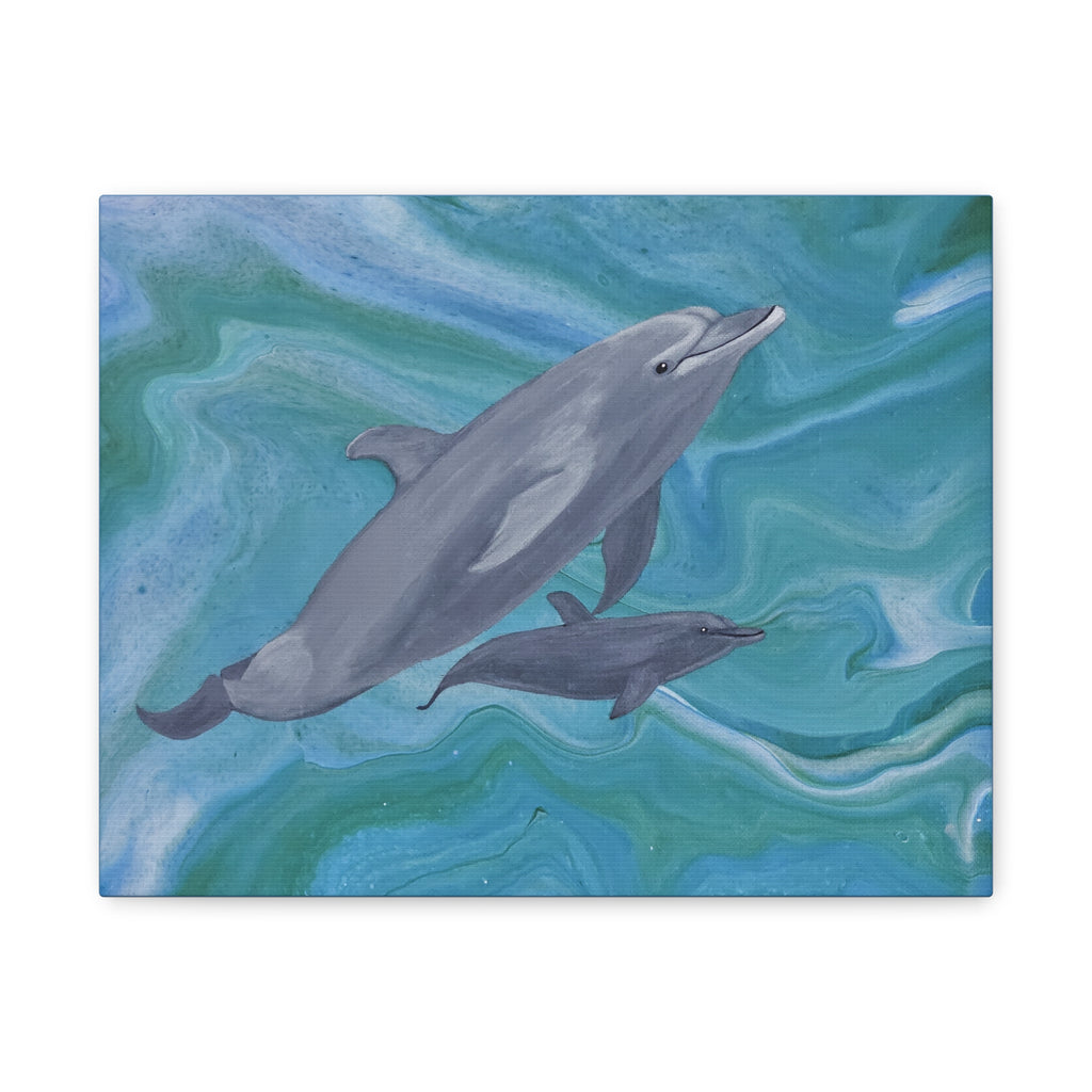 Two dolphins swimming on a blue and green marbled background