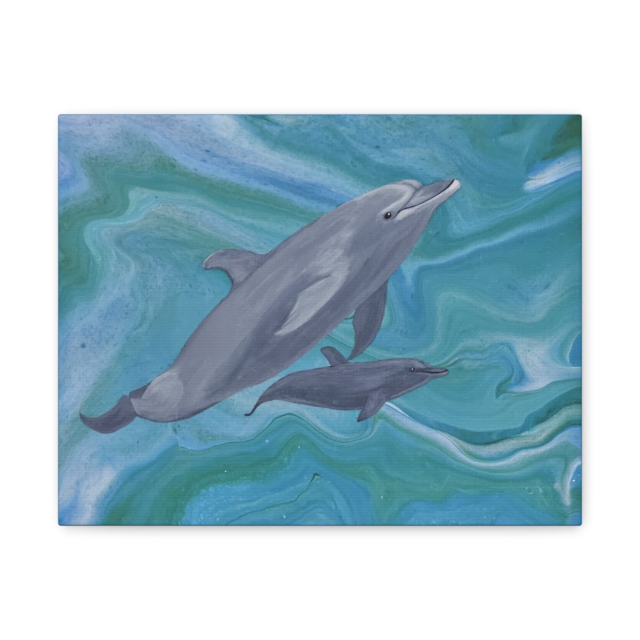 Two dolphins swimming on a blue and green marbled background