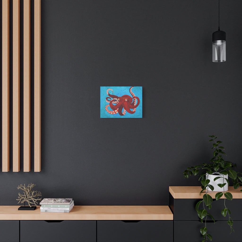Modern interior with a dark wall, wooden shelf, and abstract painting.