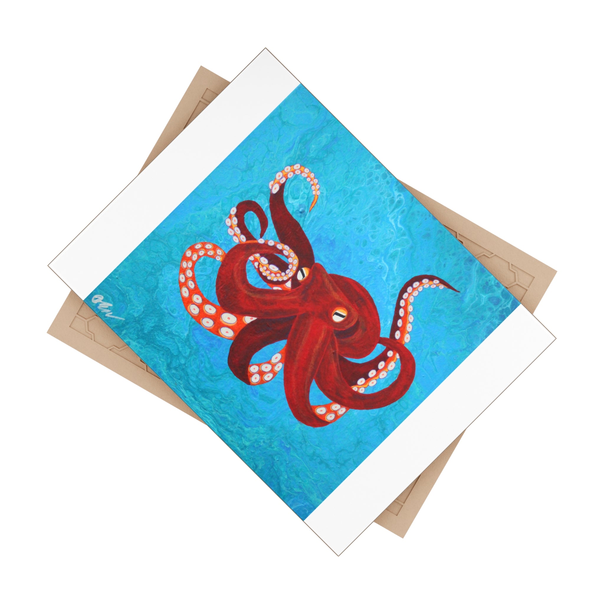 Tile with a red octopus design on a blue background, featuring a brown backing