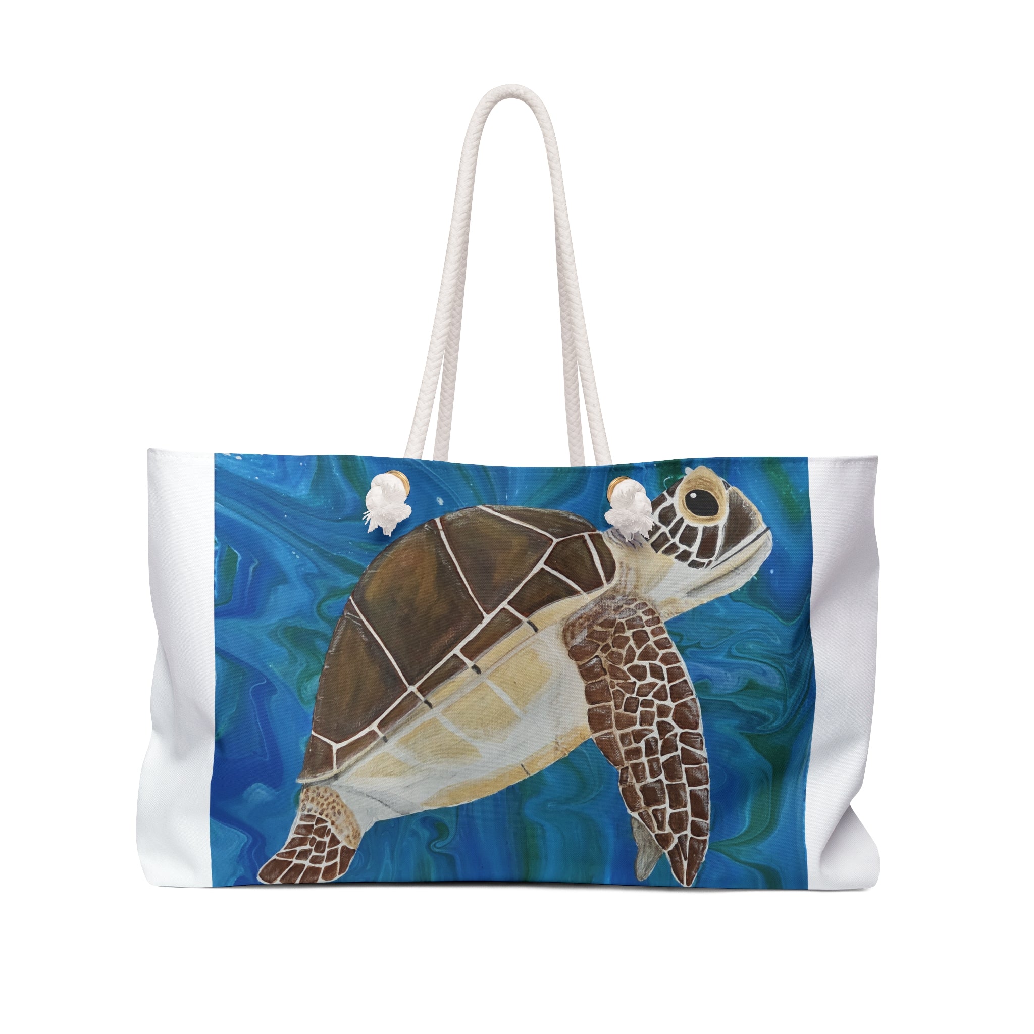 Tote bag with a turtle design on a blue ocean background