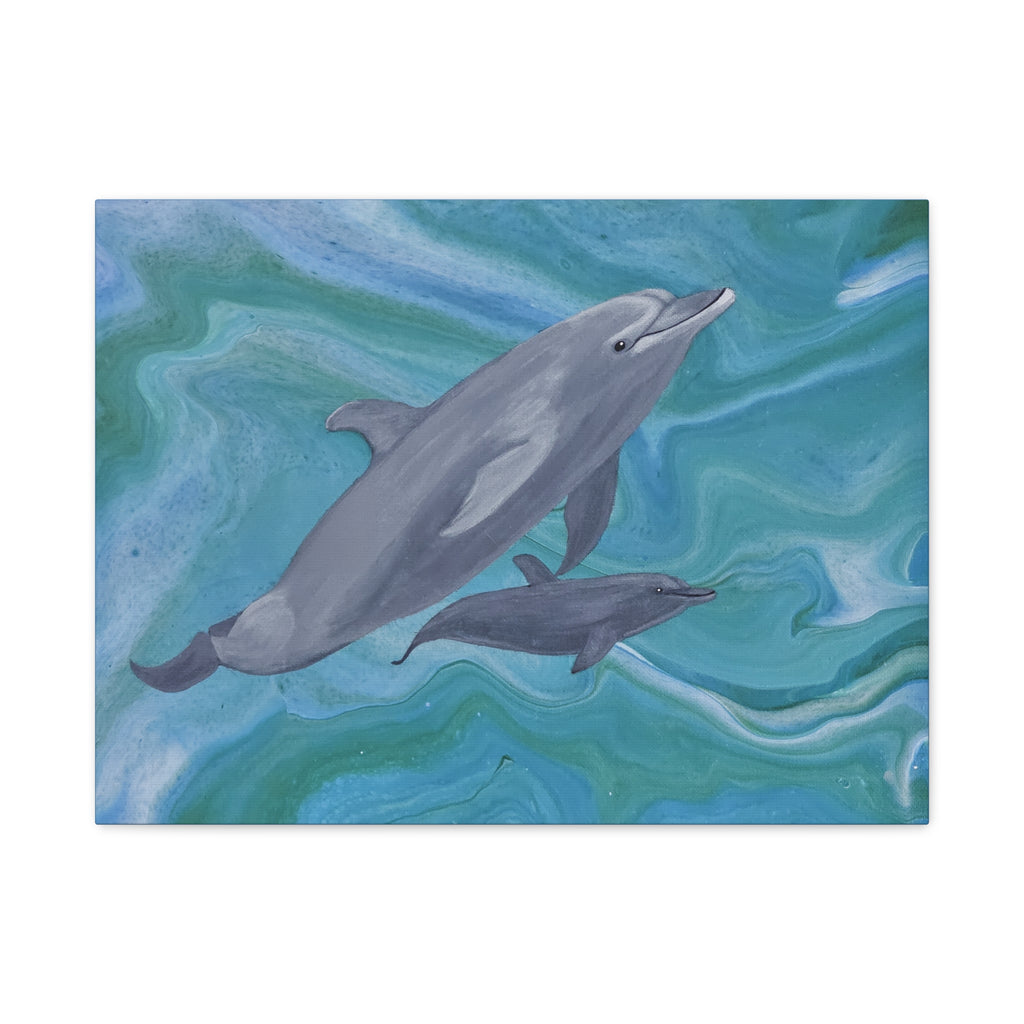 Two dolphins swimming in wavy blue and green water