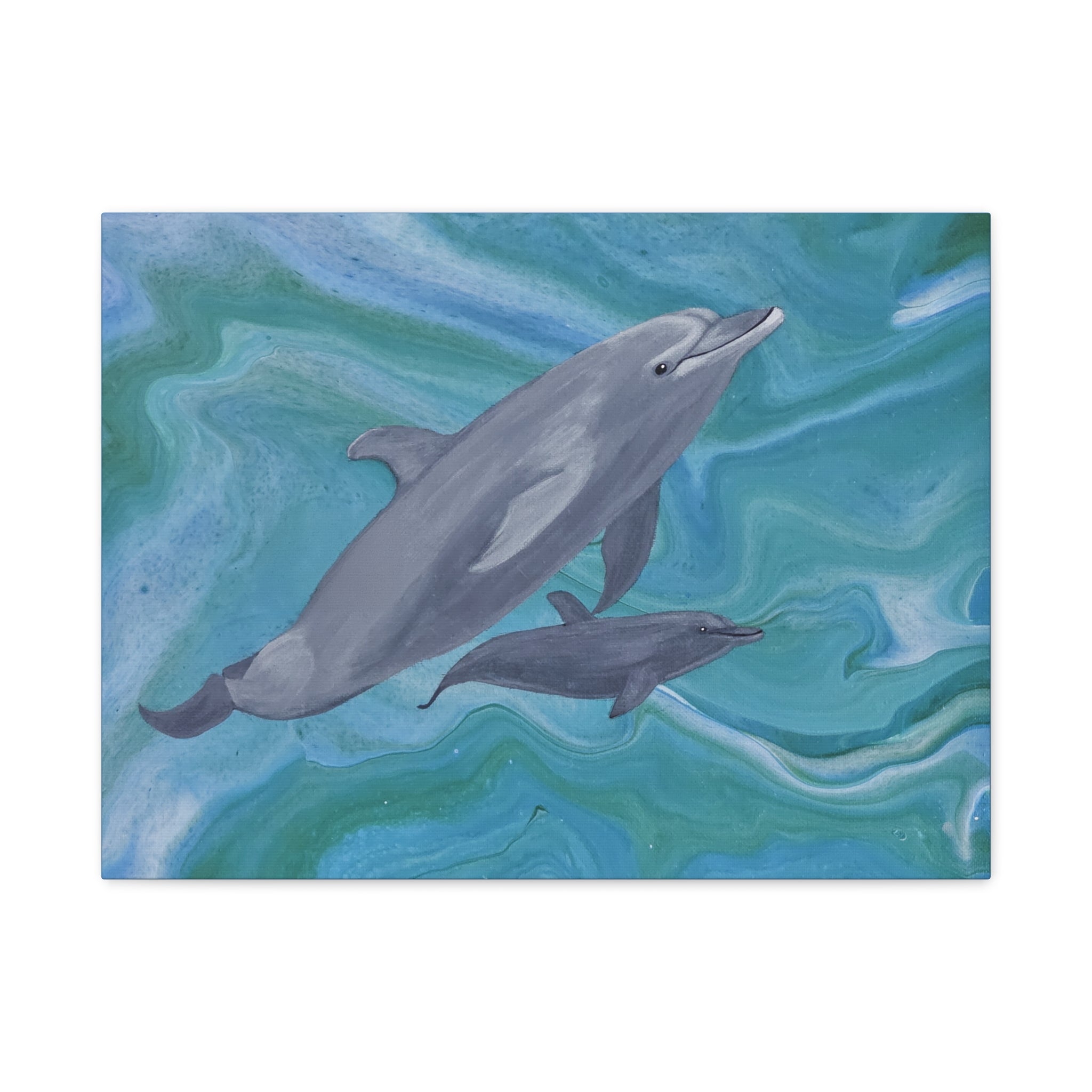 Two dolphins swimming in wavy blue and green water