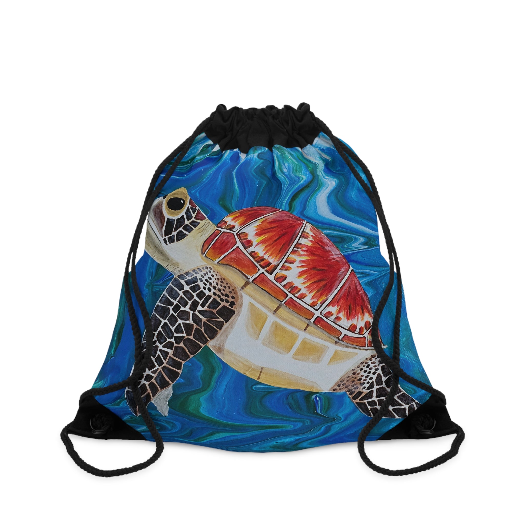 Drawstring bag with a turtle design on a blue background