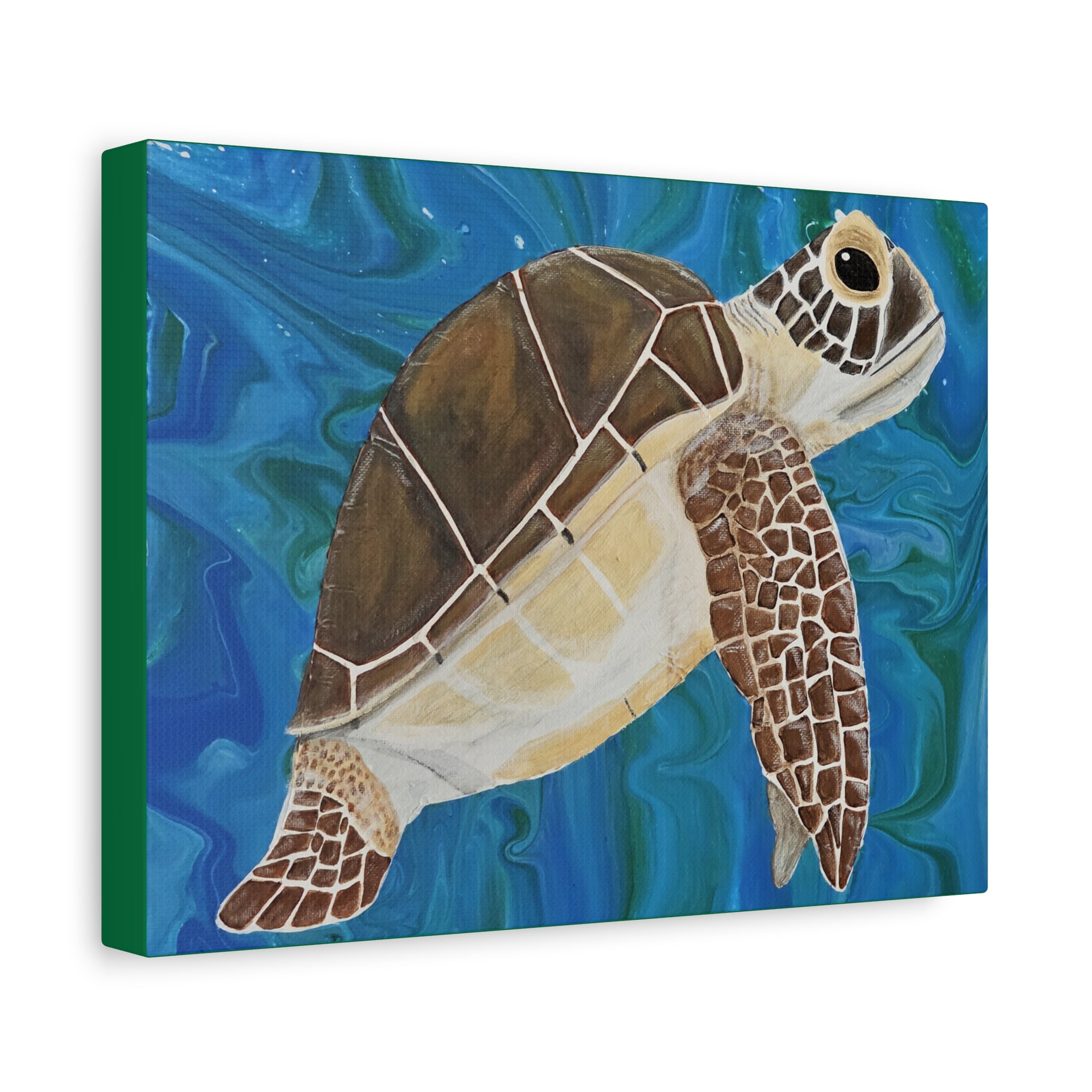 Canvas print of a turtle on a blue and green abstract background
