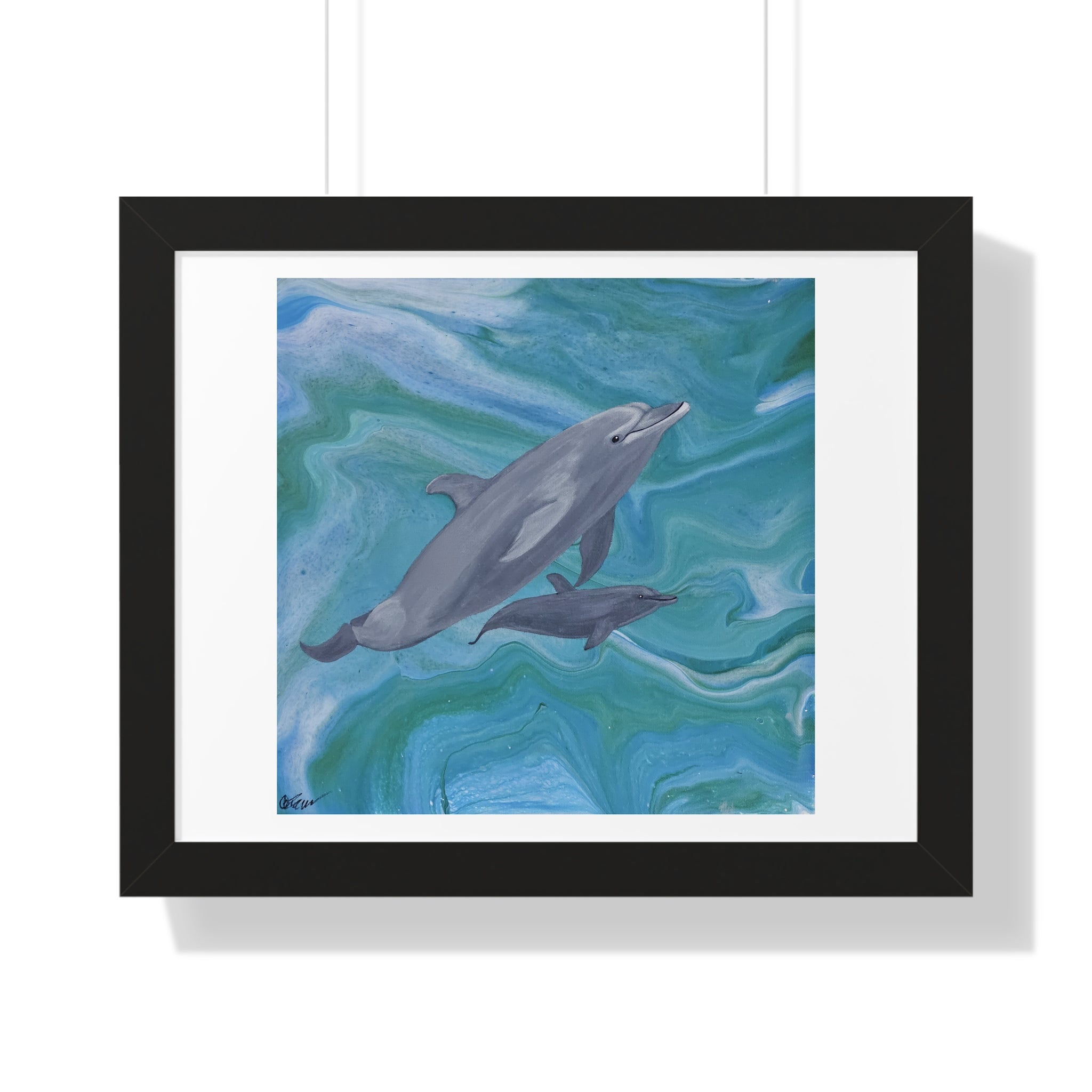 Framed artwork of two dolphins swimming in water with a black frame.