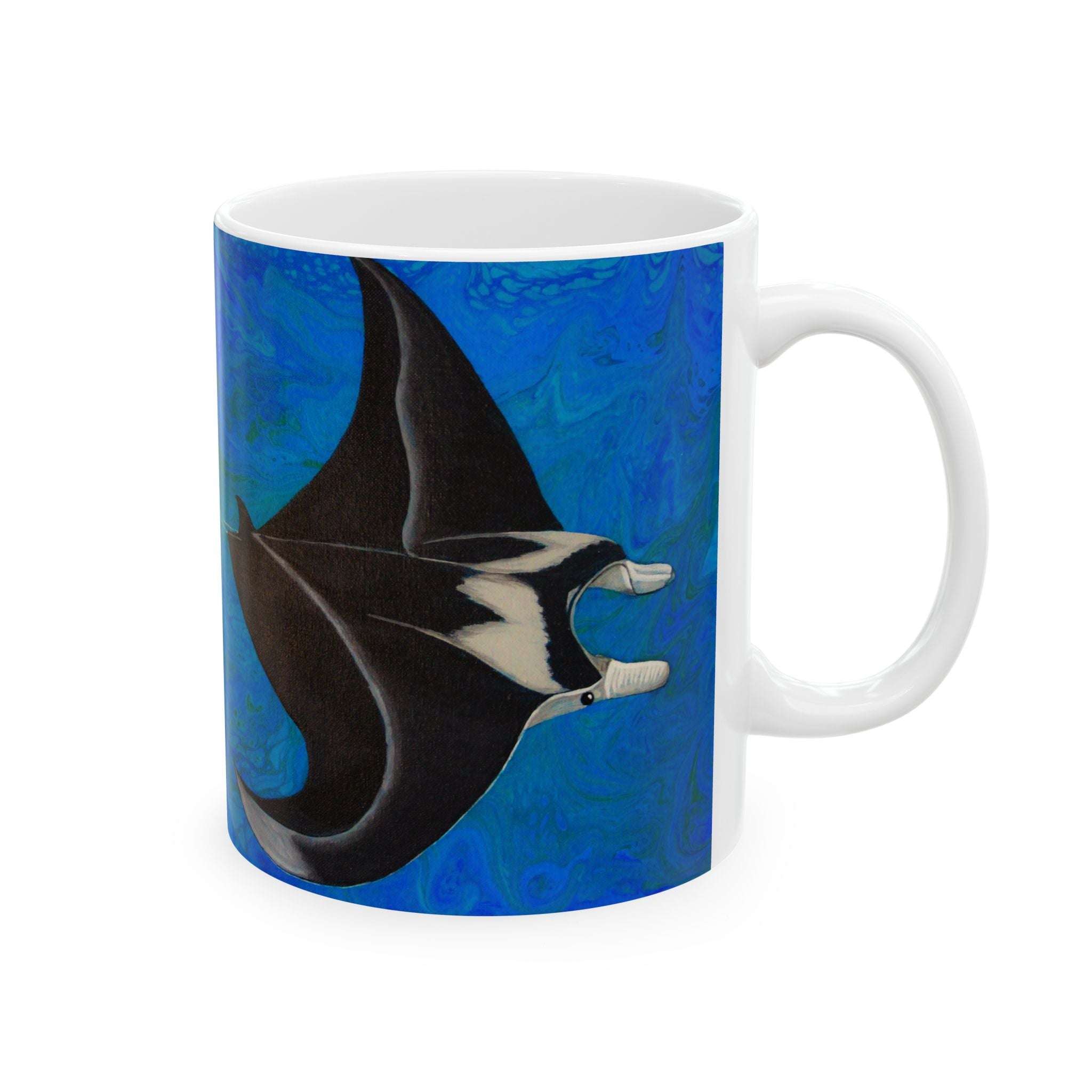 Mug with a manta ray design on a blue background