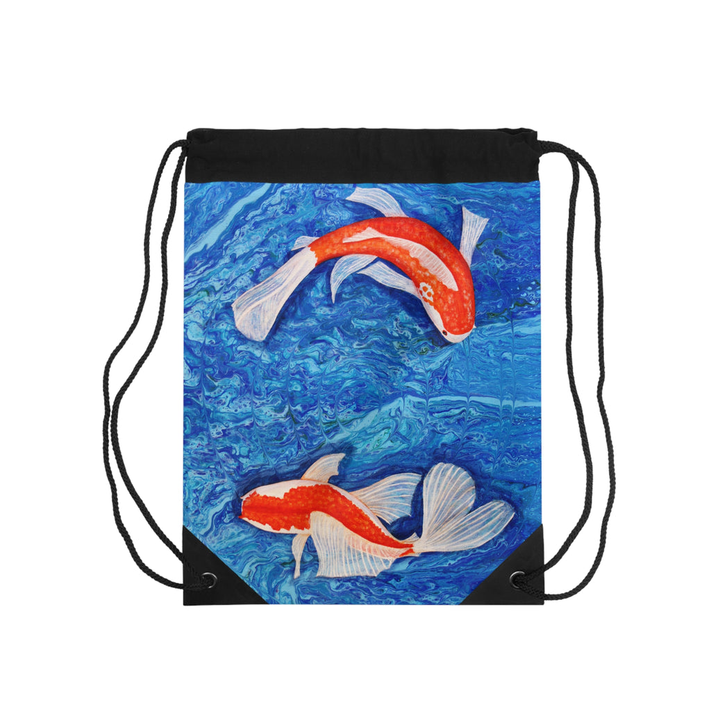 Drawstring bag with koi fish design on a blue water background