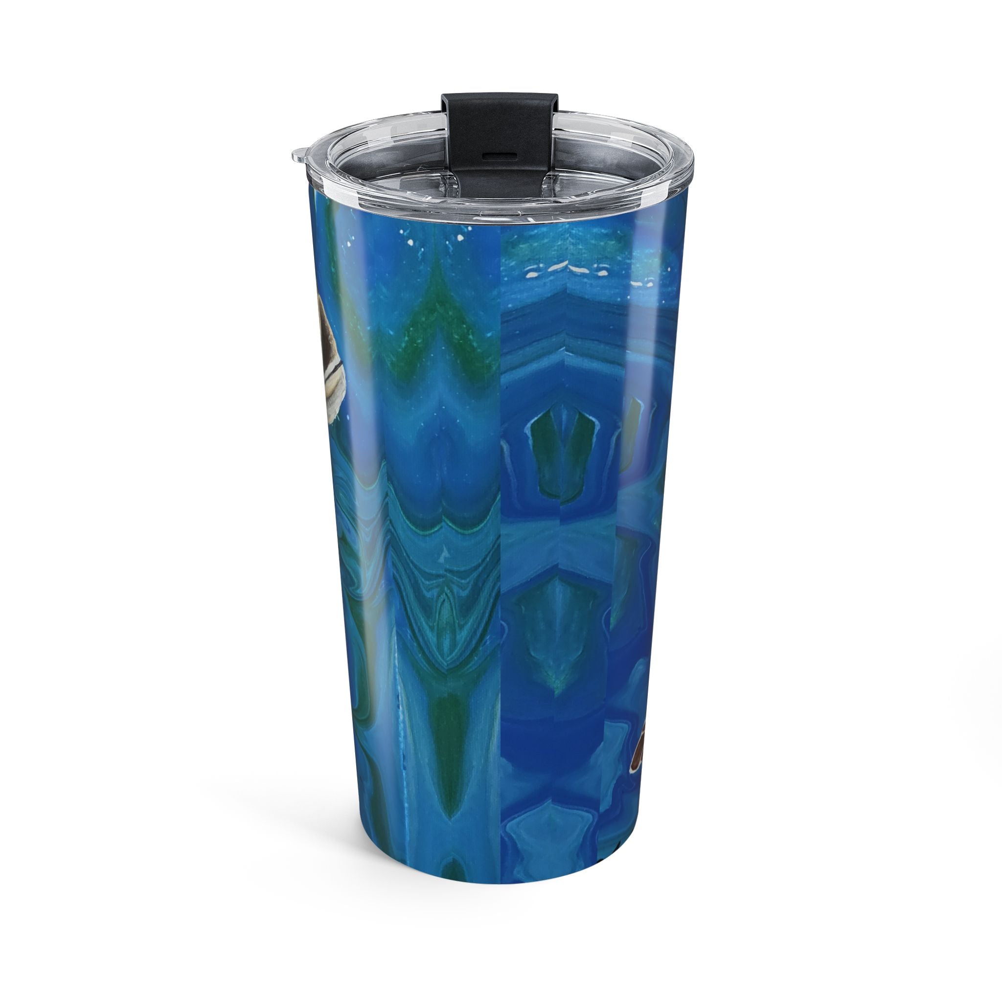 Blue and green marbled tumbler with a clear lid on a white background