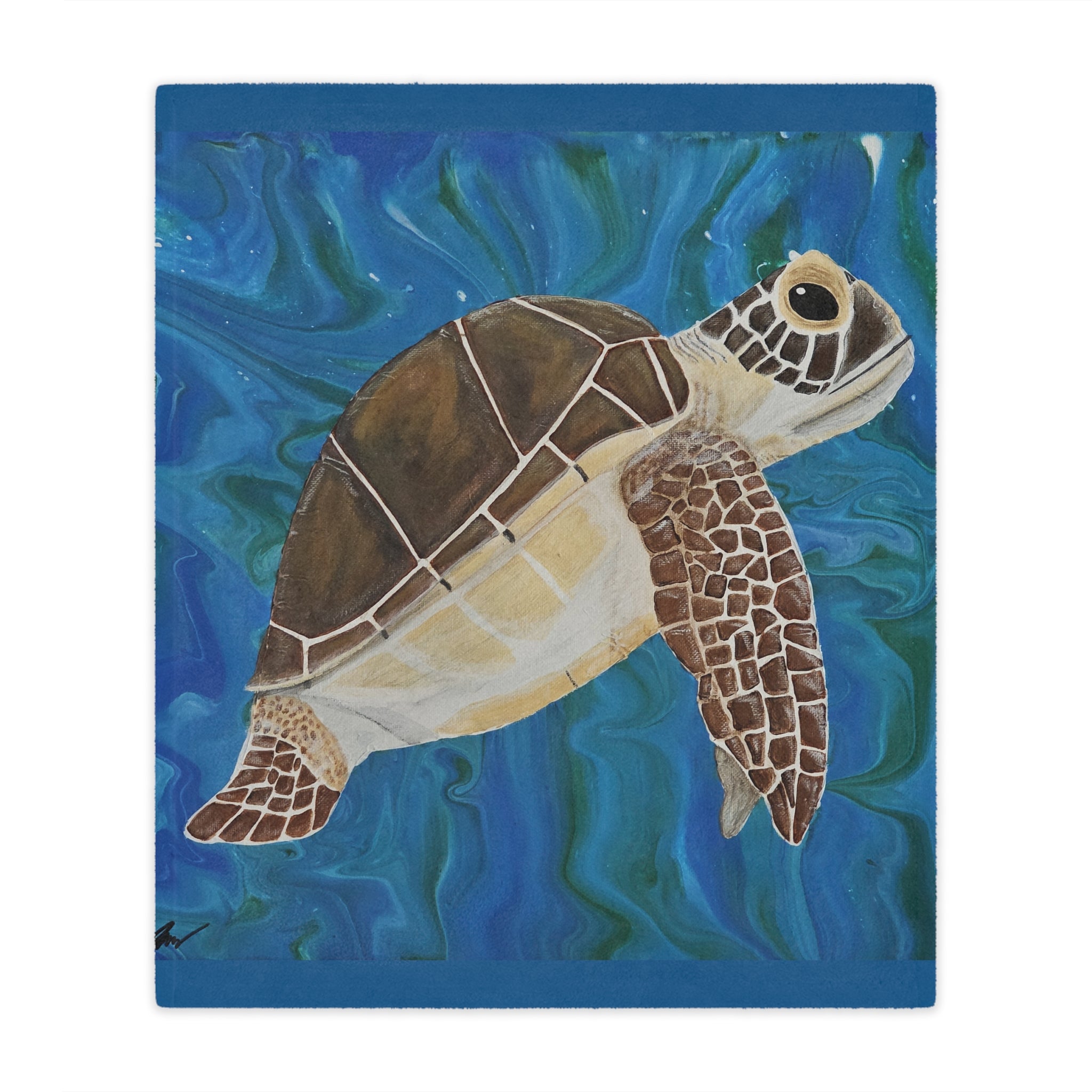 Blanket with a turtle on a blue wave background