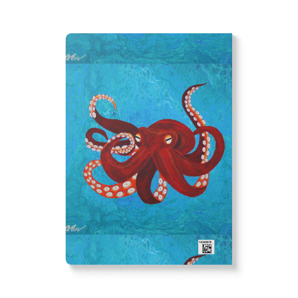 Notebook with a red octopus design on a blue watercolor background