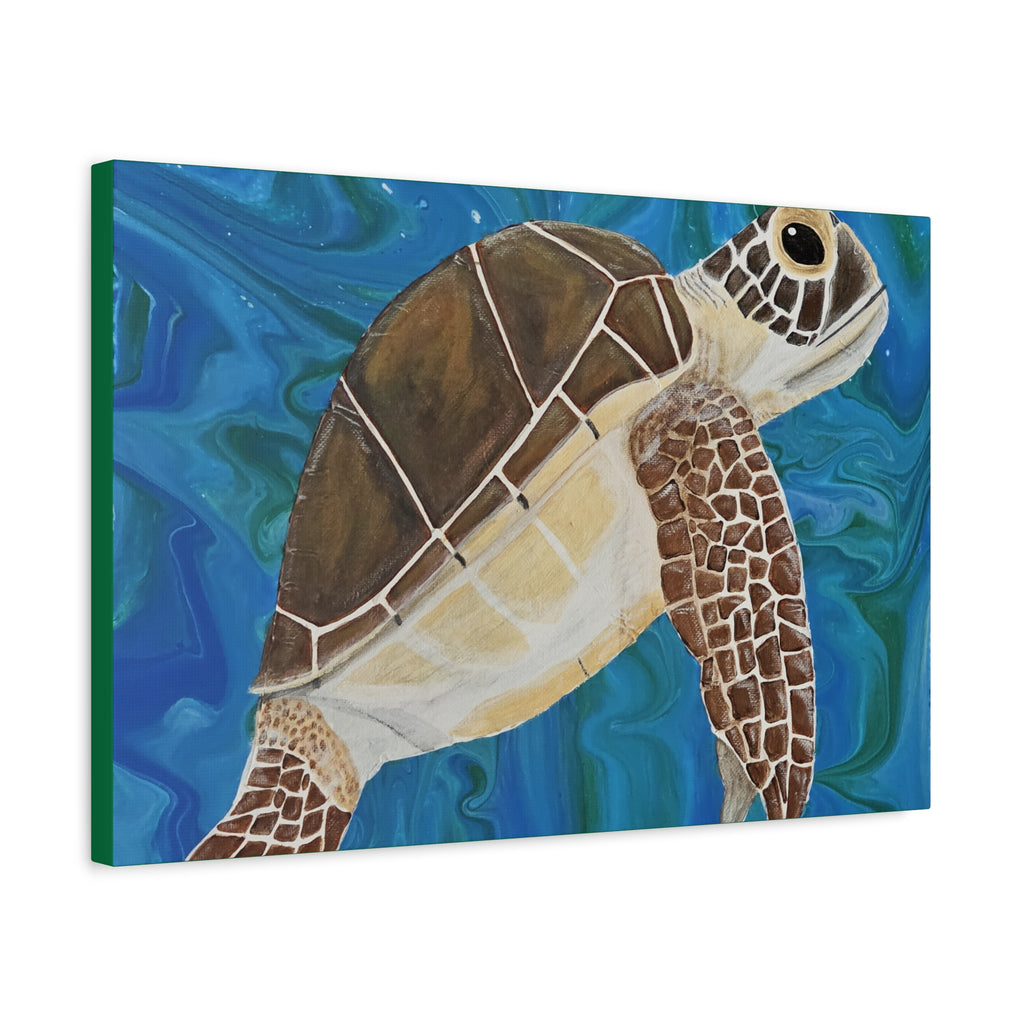 Canvas print of a turtle with a blue abstract background