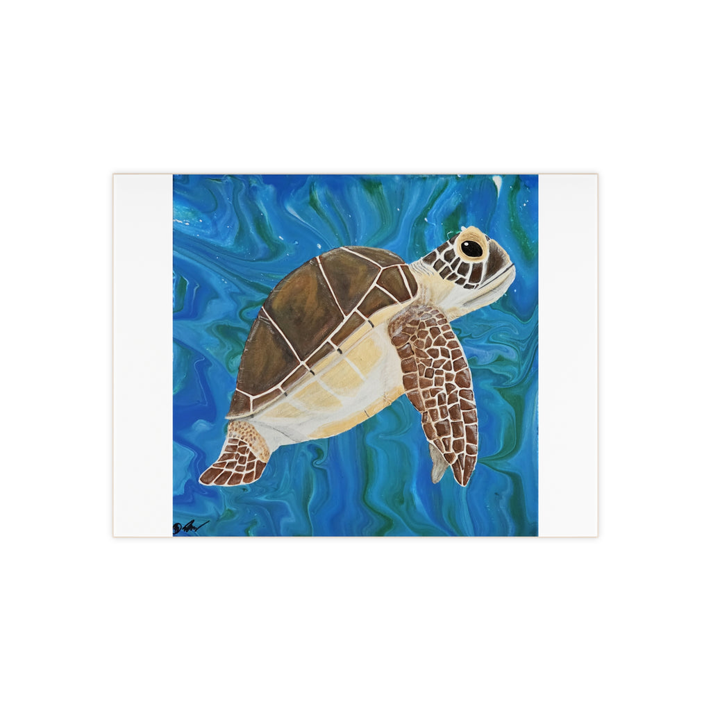 Painting of a turtle on a blue and green abstract background tile