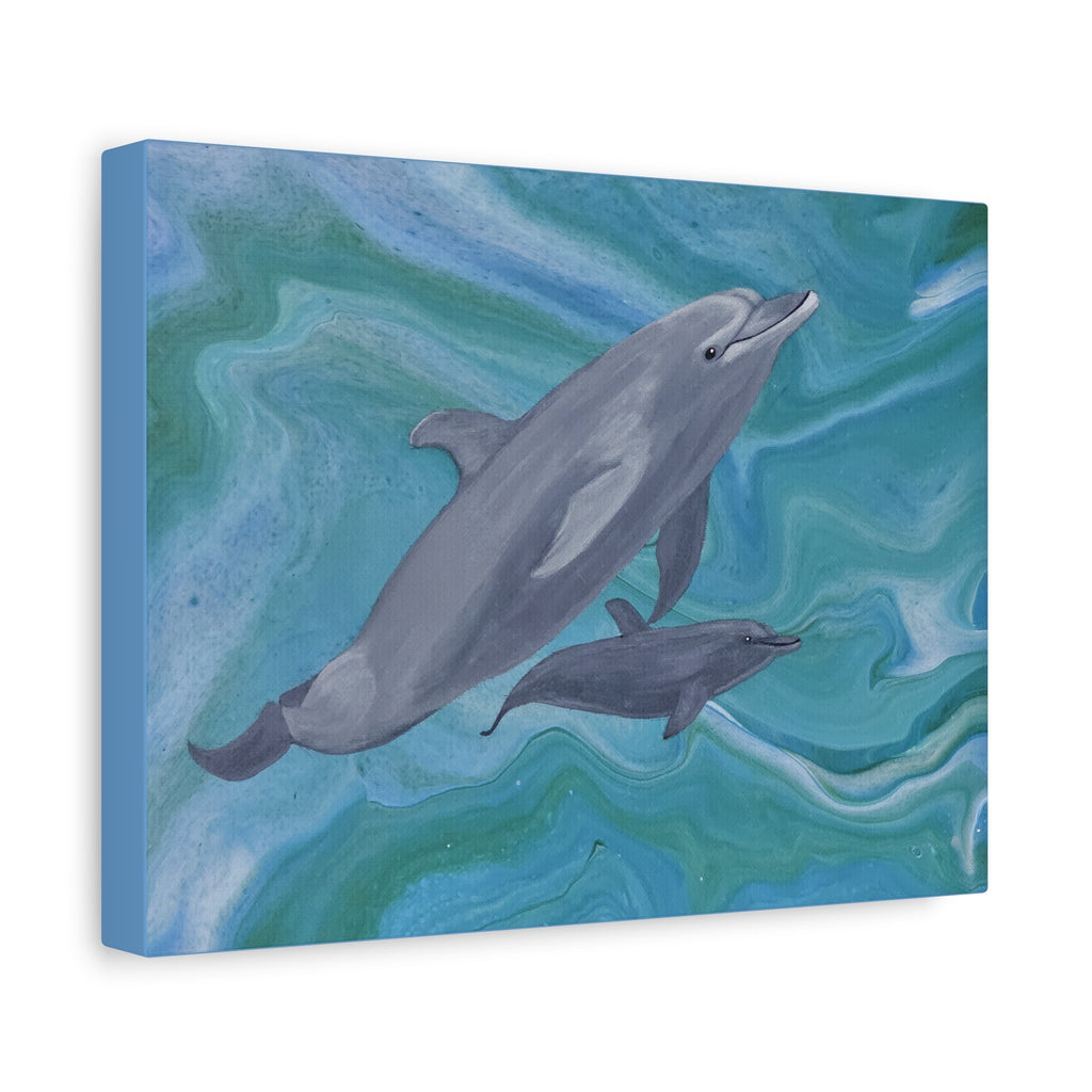 Canvas print with two dolphins on a blue and green abstract background