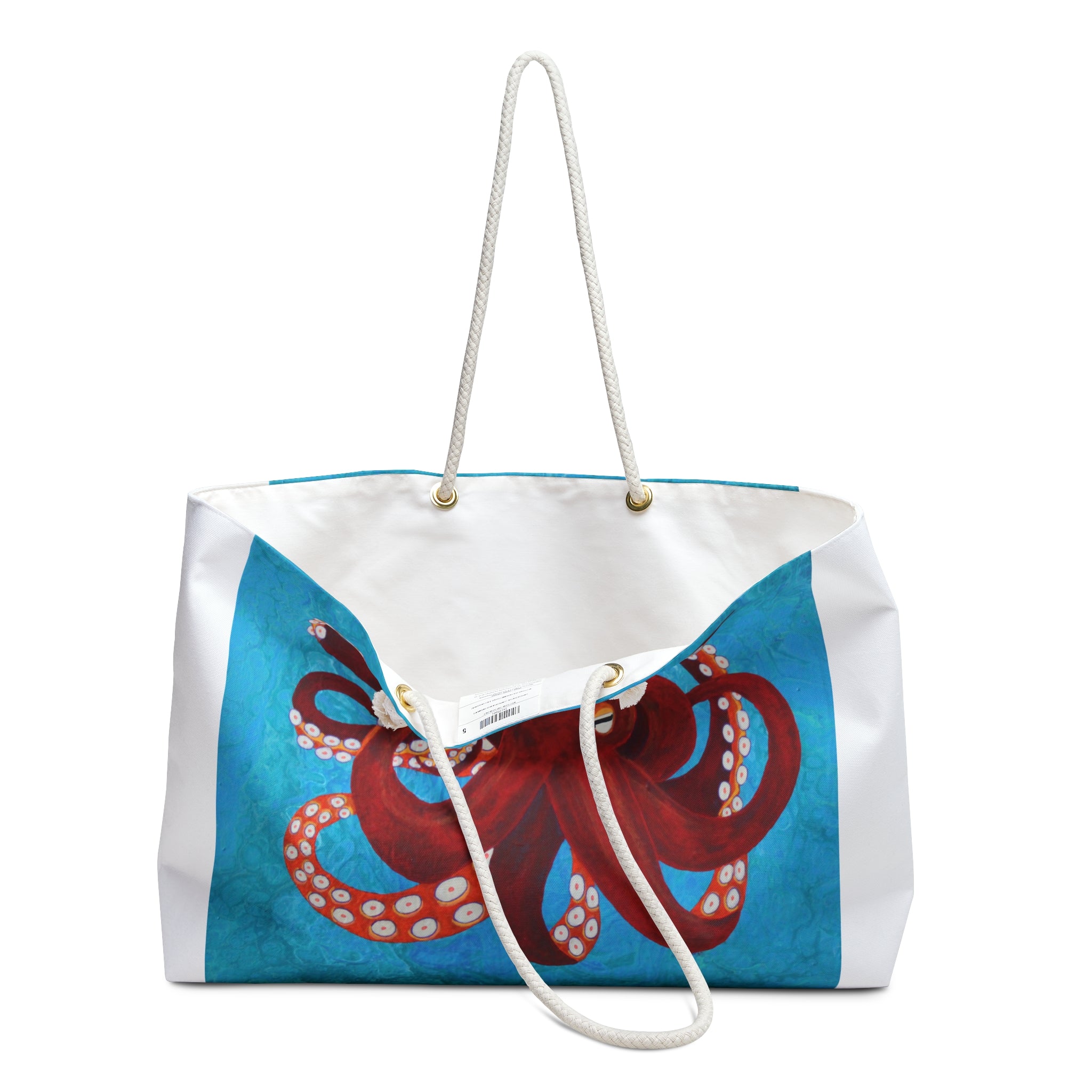 Tote bag with red octopus design on a blue background