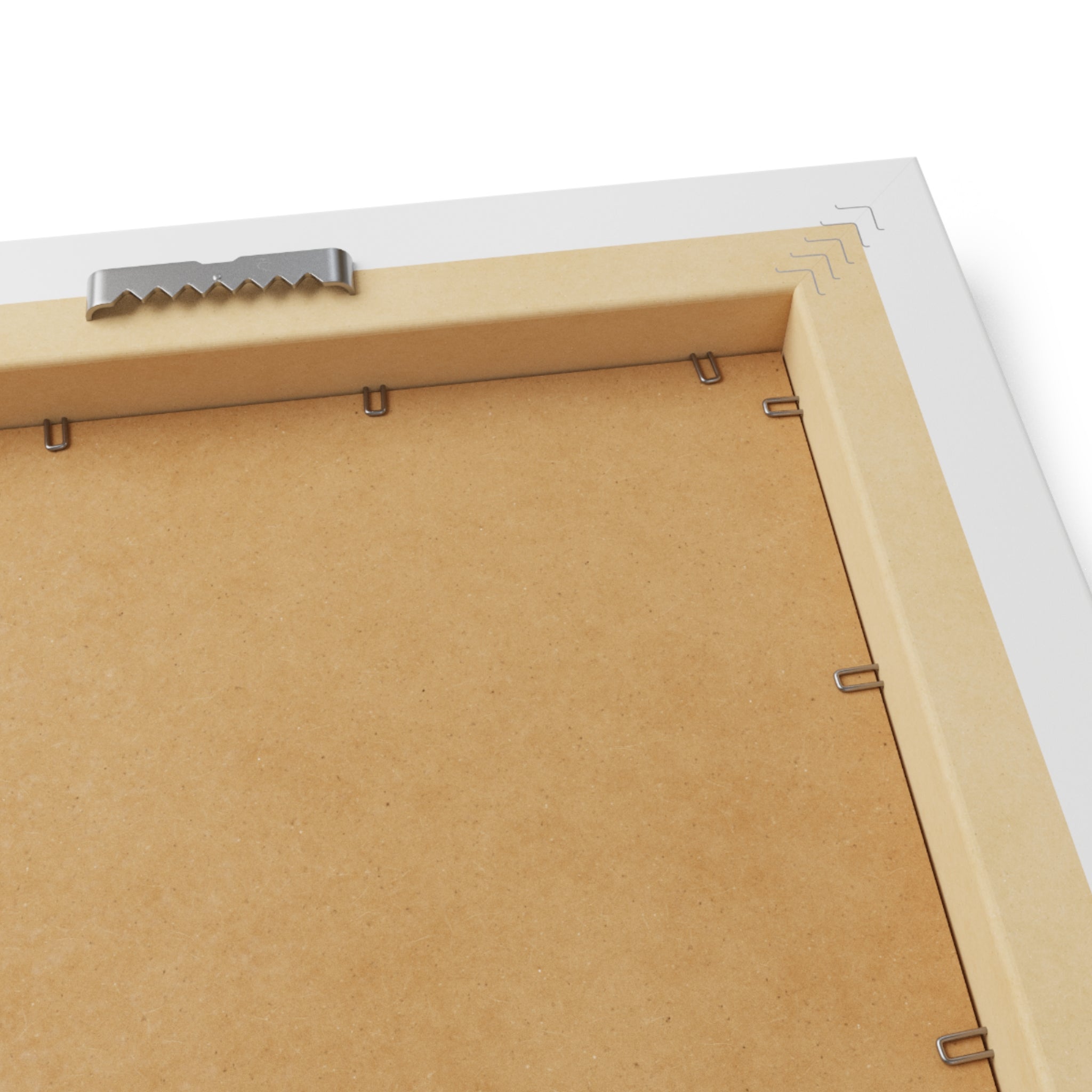 Close-up of a wooden picture frame with a white border and metal hanger.