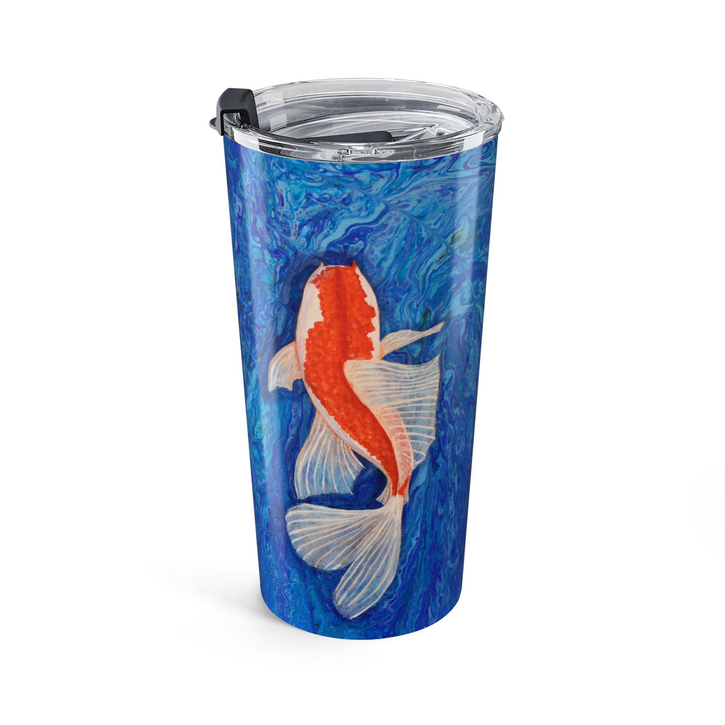 Tumbler with a koi fish design on a blue background