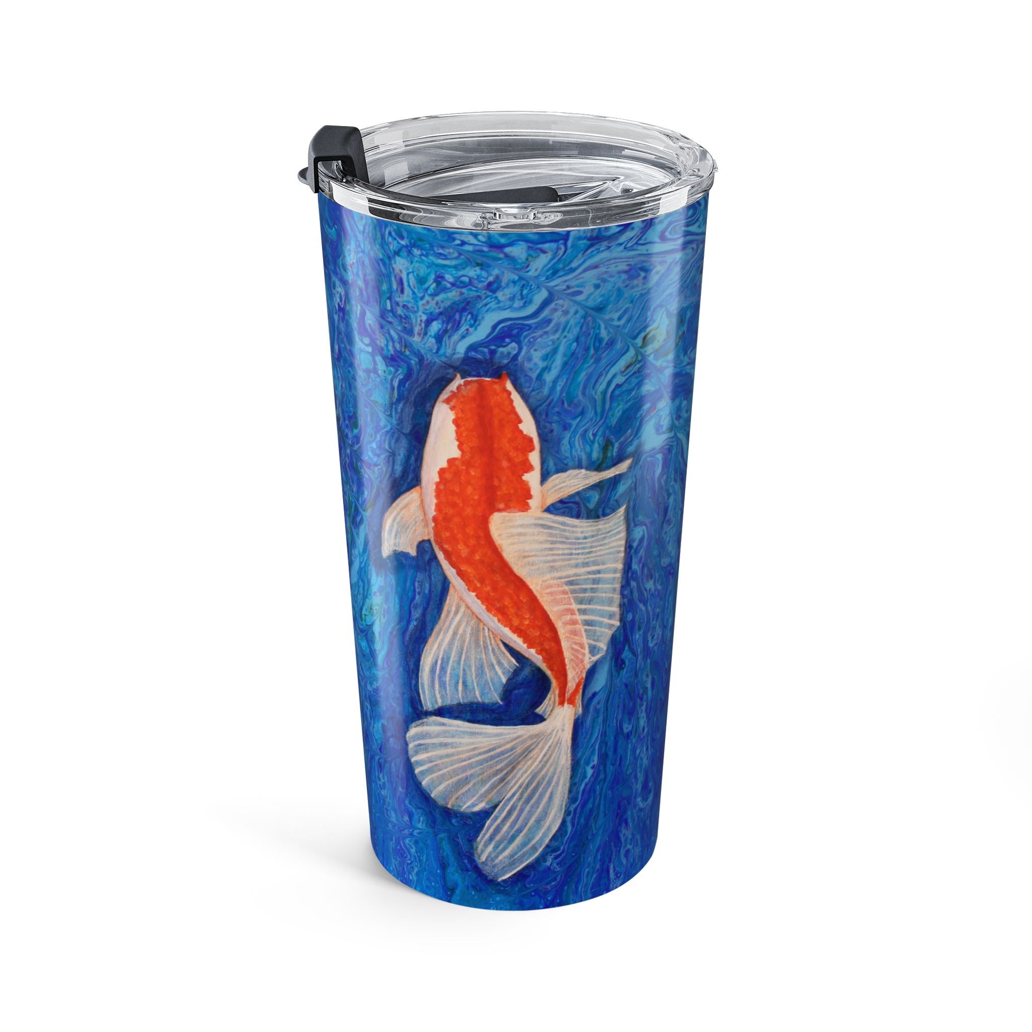 Tumbler with a koi fish design on a blue background