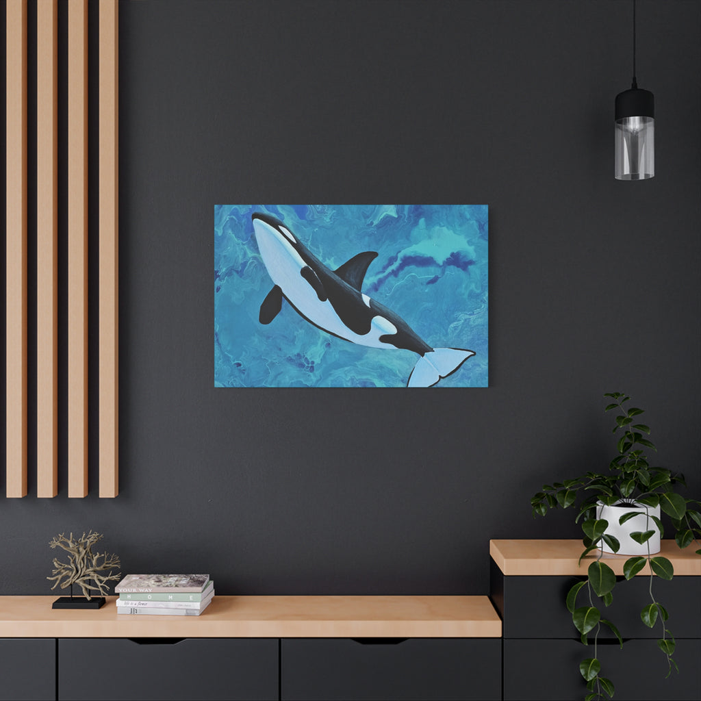 Orca whale painting on a dark wall above a wooden shelf.