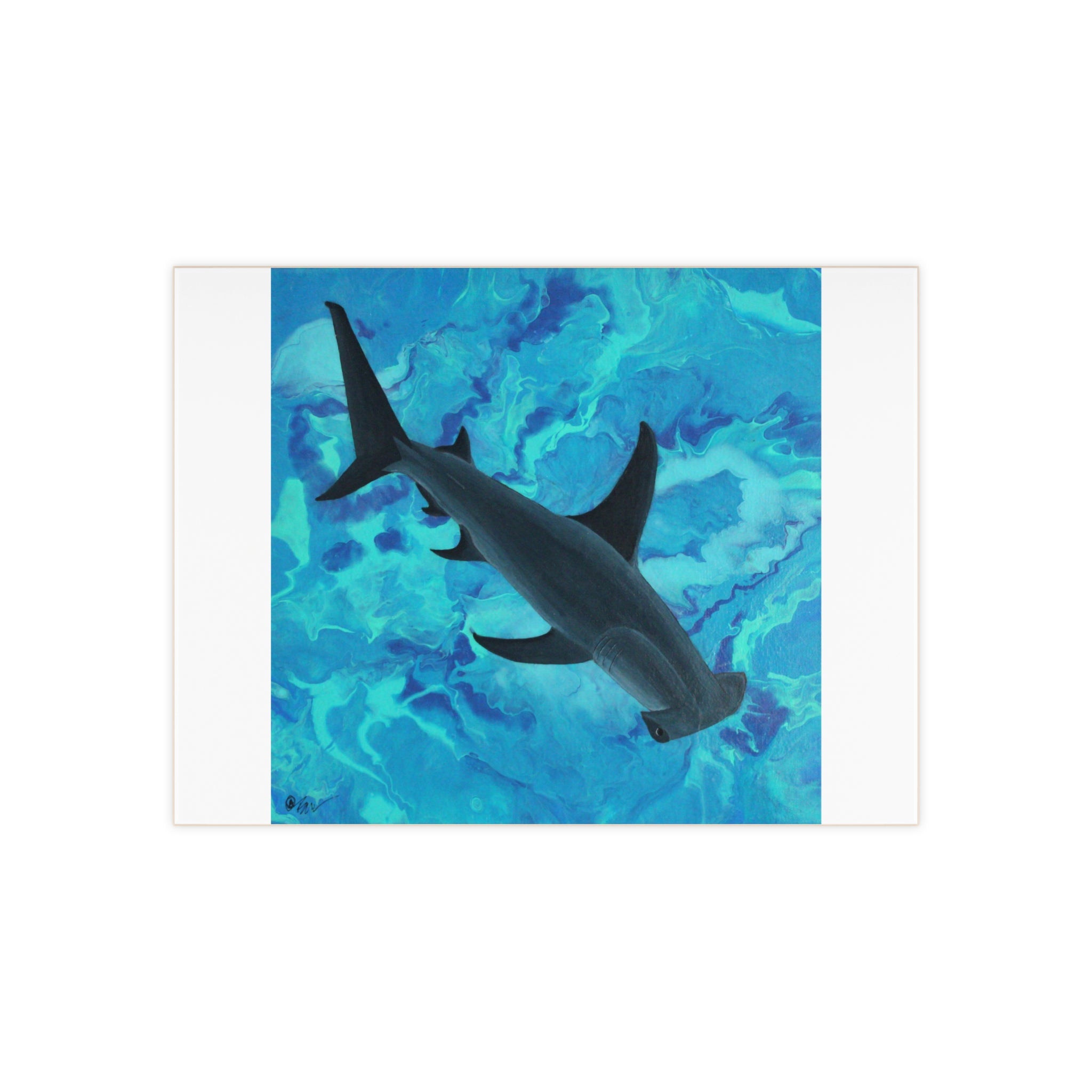 Shark swimming in blue water on a white background tile