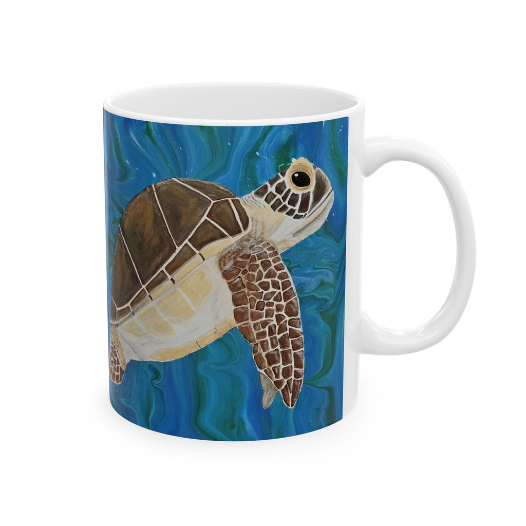 Mug with a turtle design on a blue underwater background