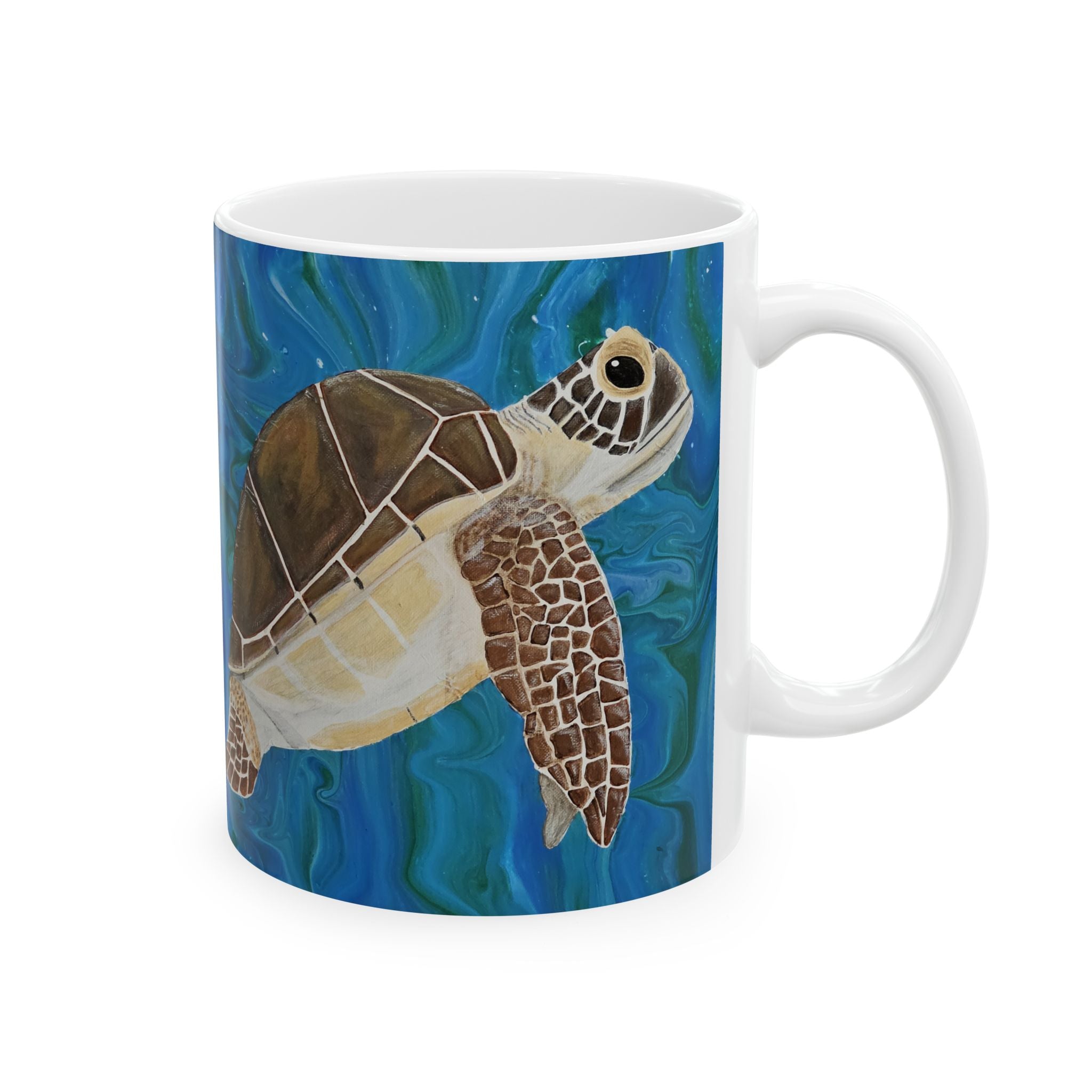 Mug with a turtle design on a blue underwater background