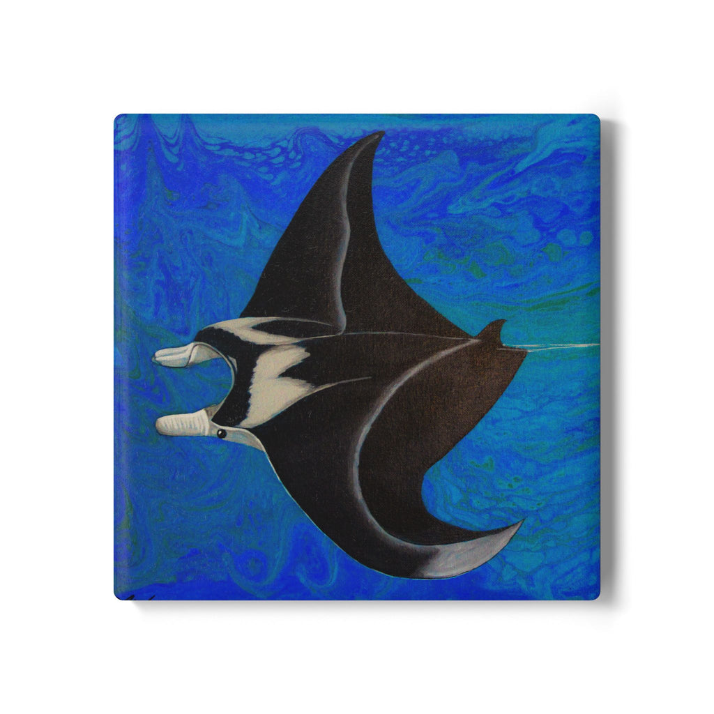 Artistic depiction of a manta ray on a blue textured background