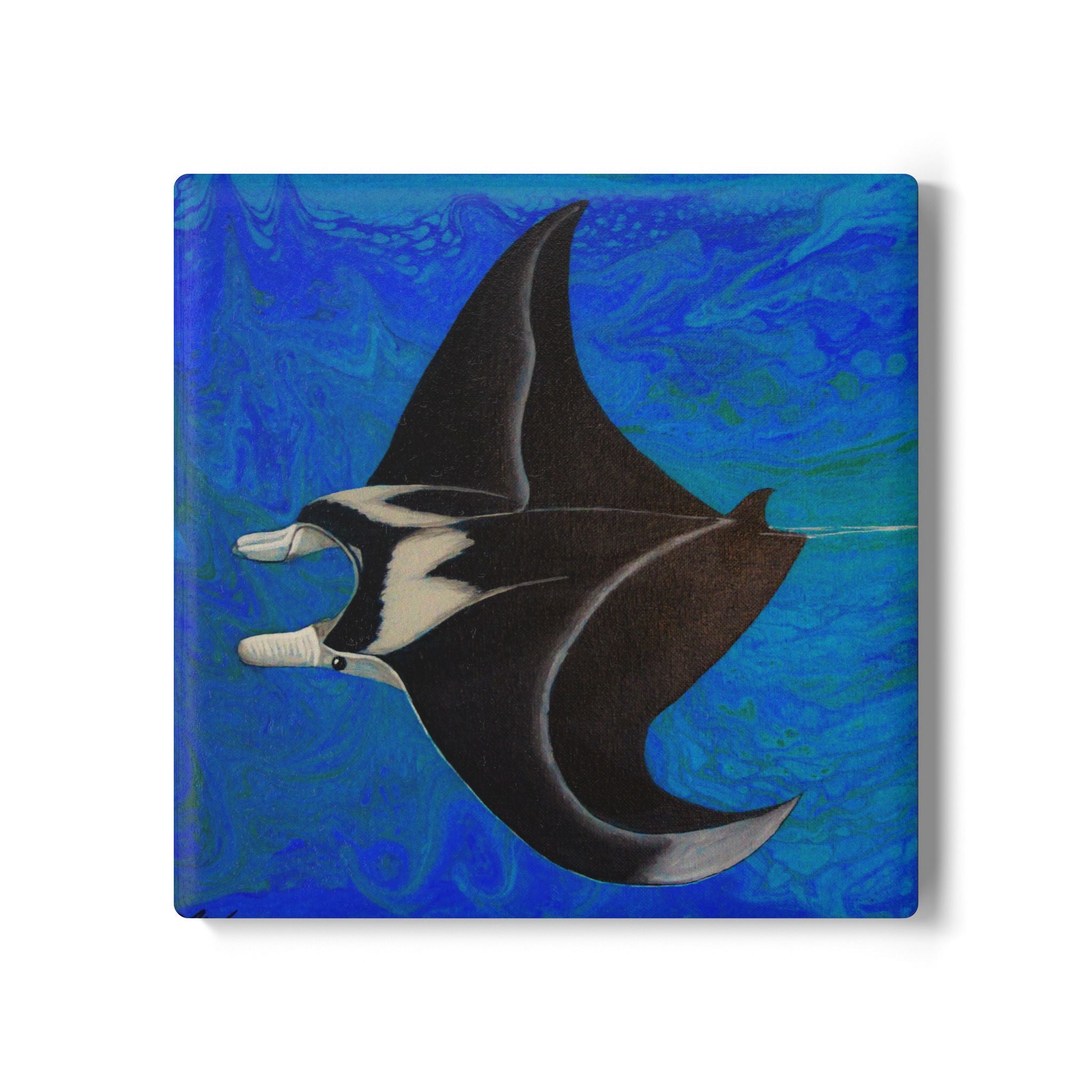 Artistic depiction of a manta ray on a blue textured background