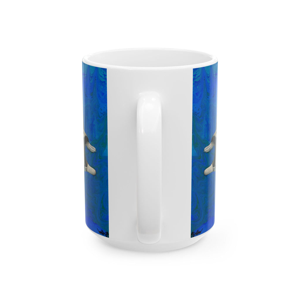 White mug with blue accent on a white background