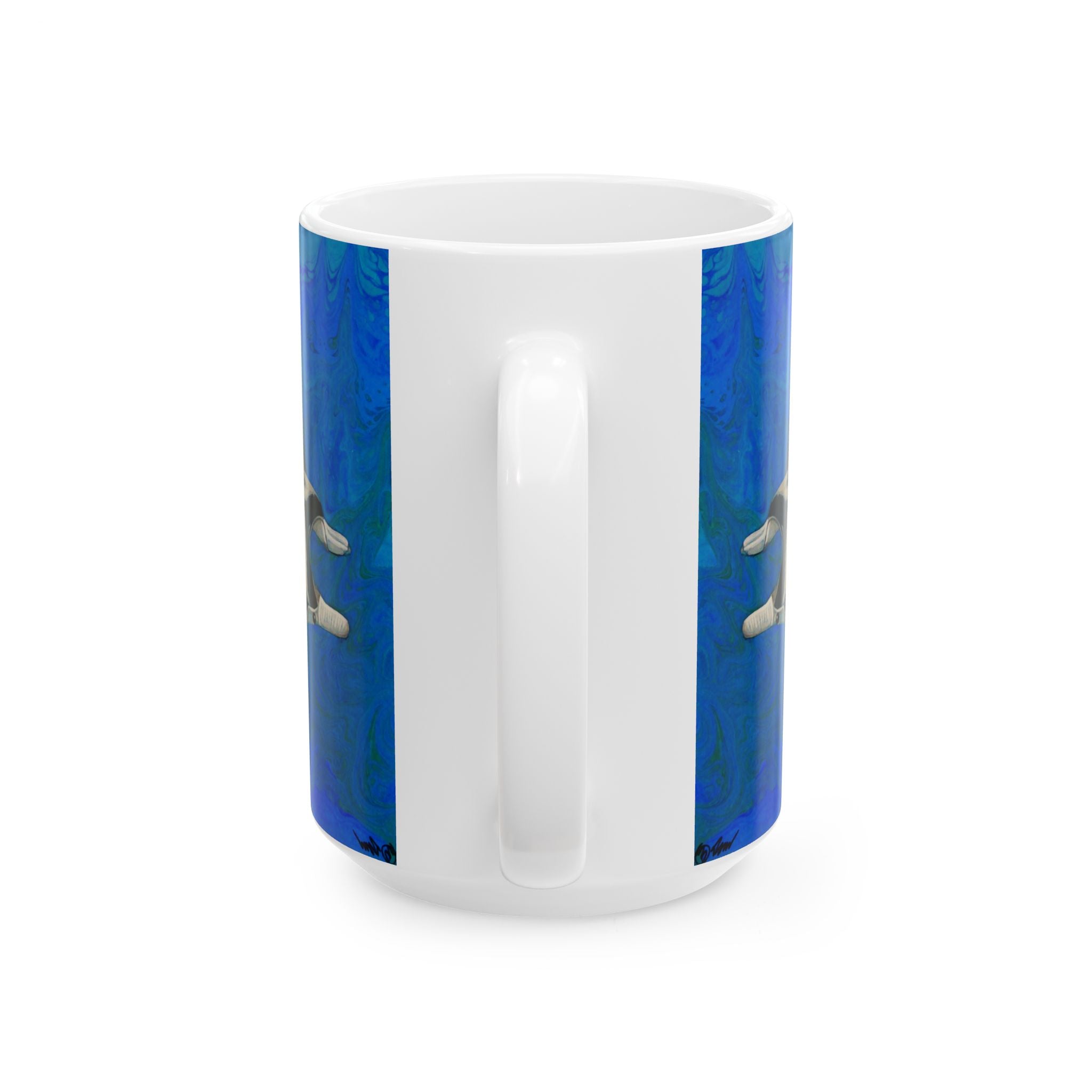 White mug with blue accent on a white background