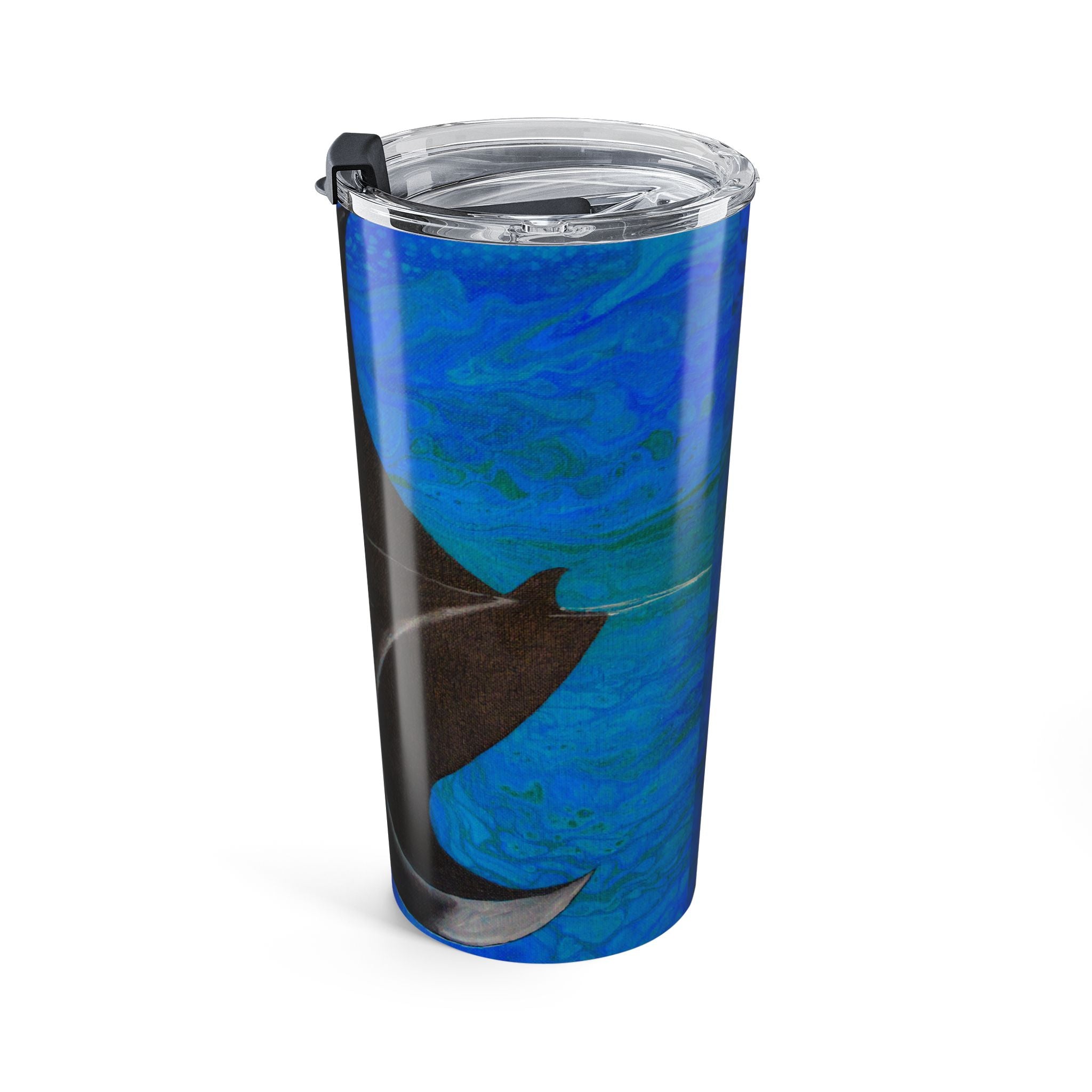 Tumbler with a manta ray design on a blue background