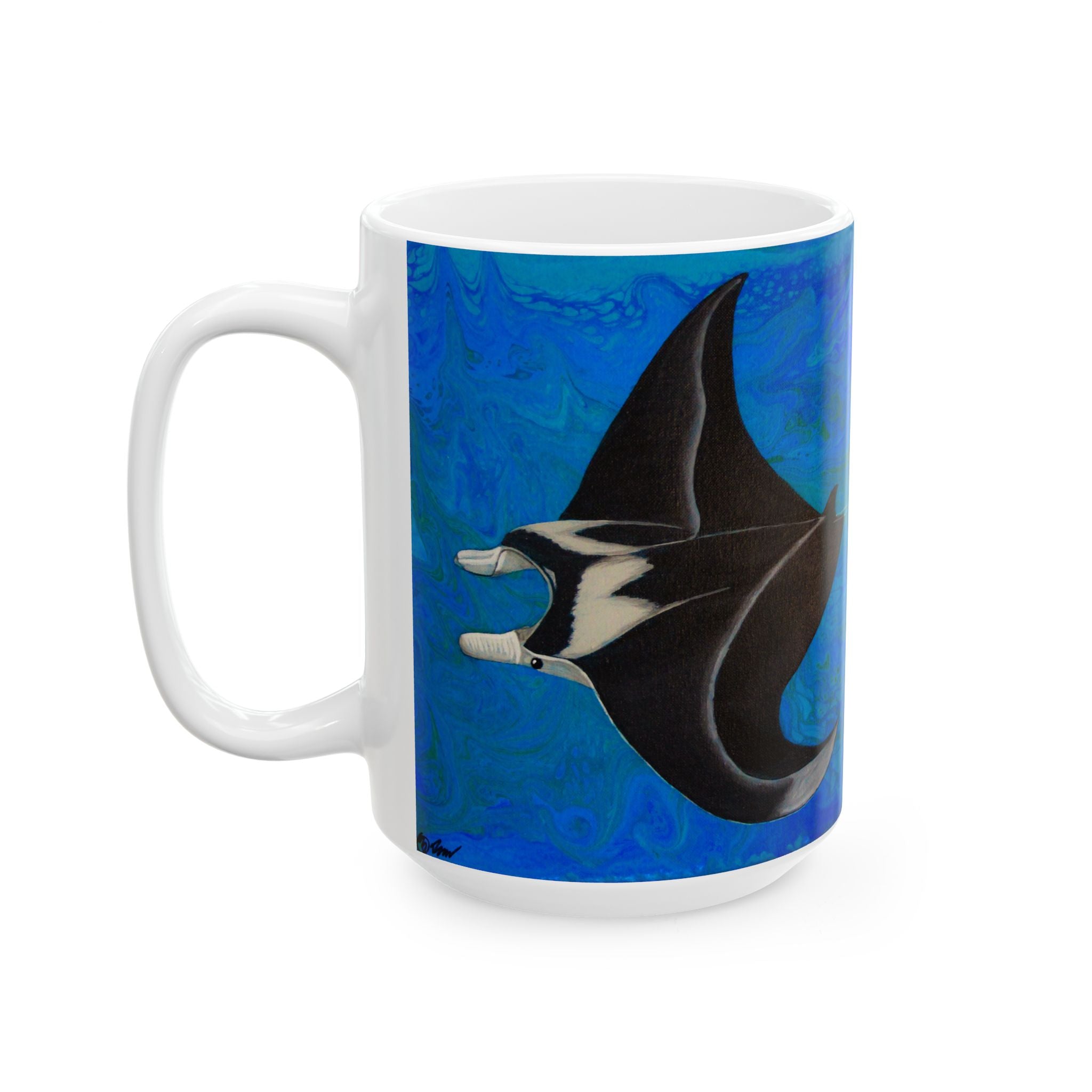Mug with a manta ray design on a blue background