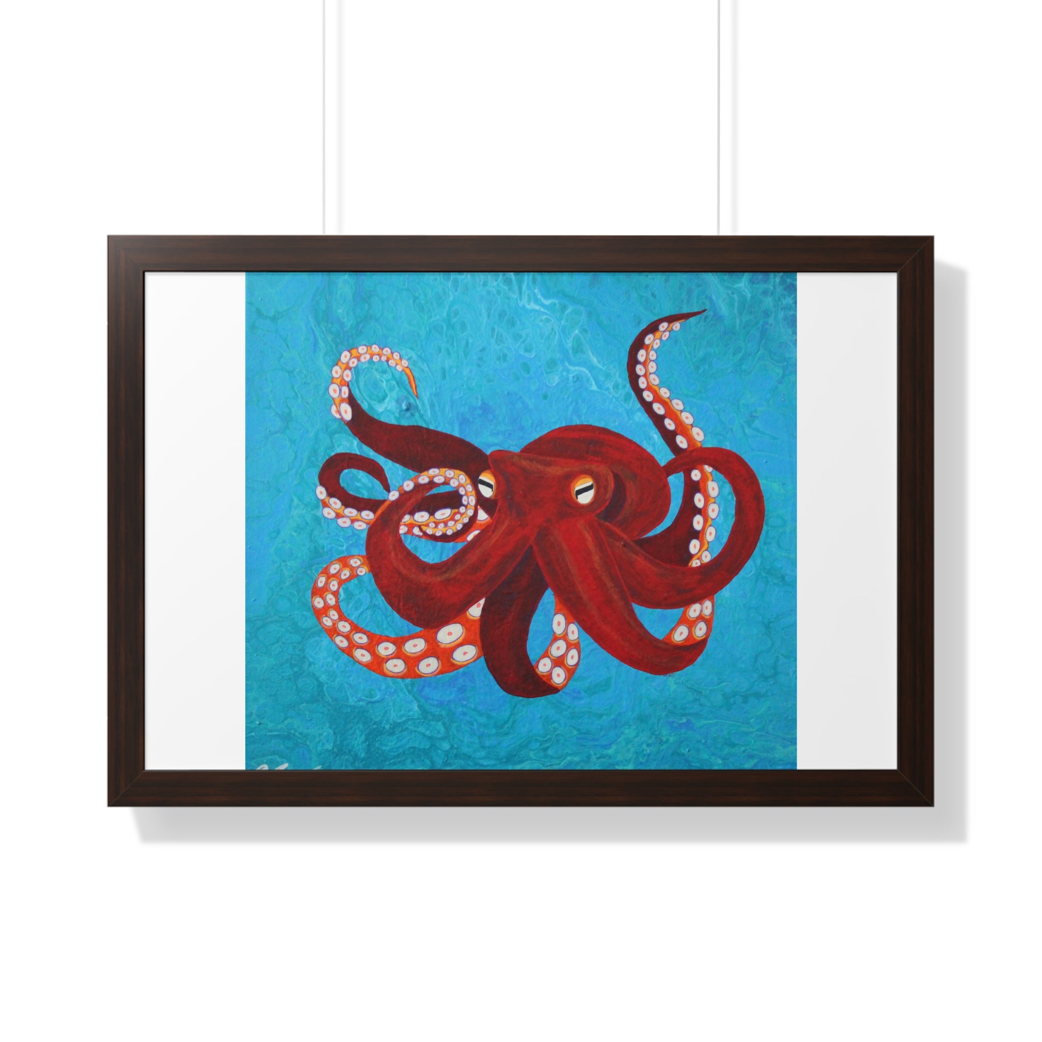 Framed artwork of a red octopus on a blue and white background