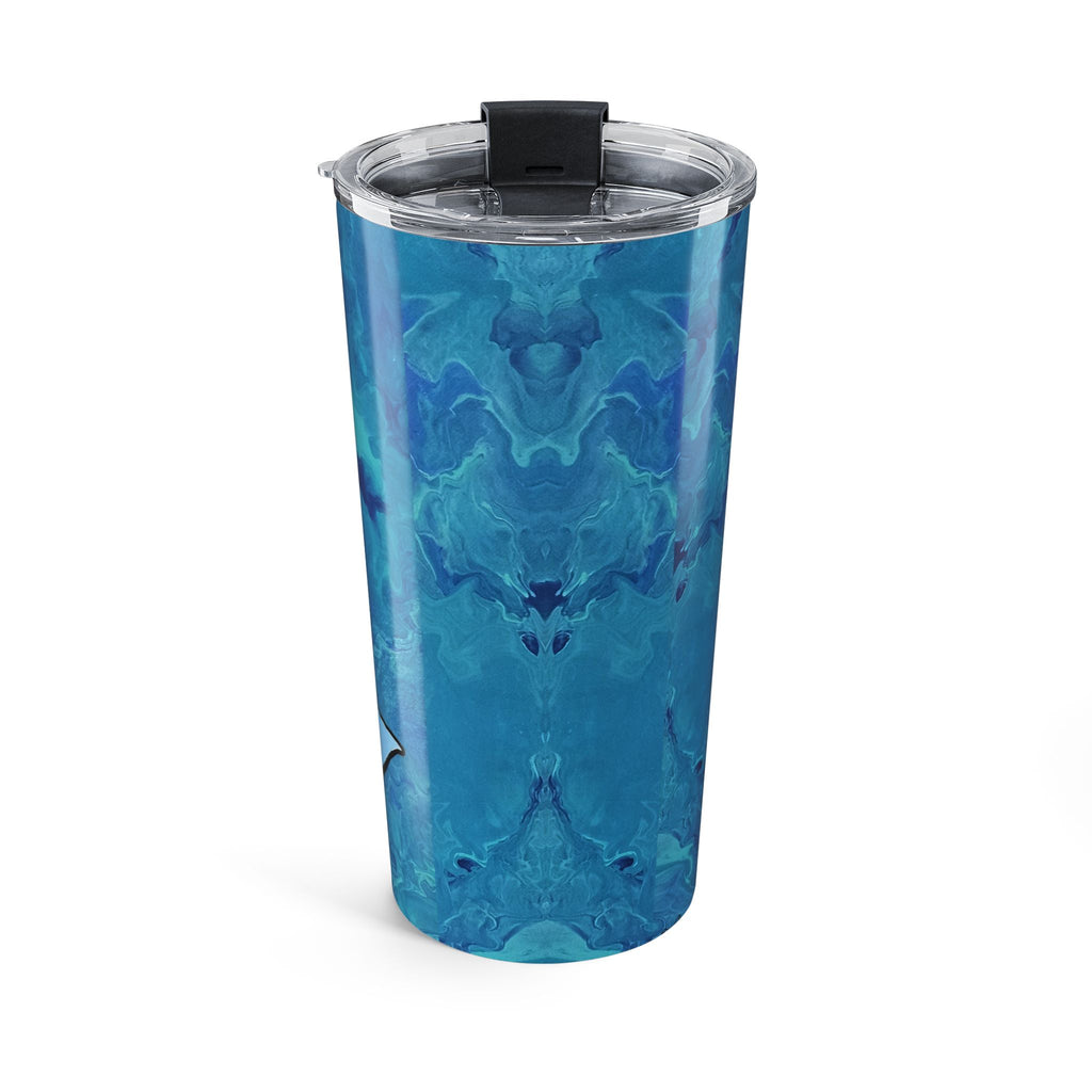 Blue marble-patterned tumbler with a clear lid on a white background