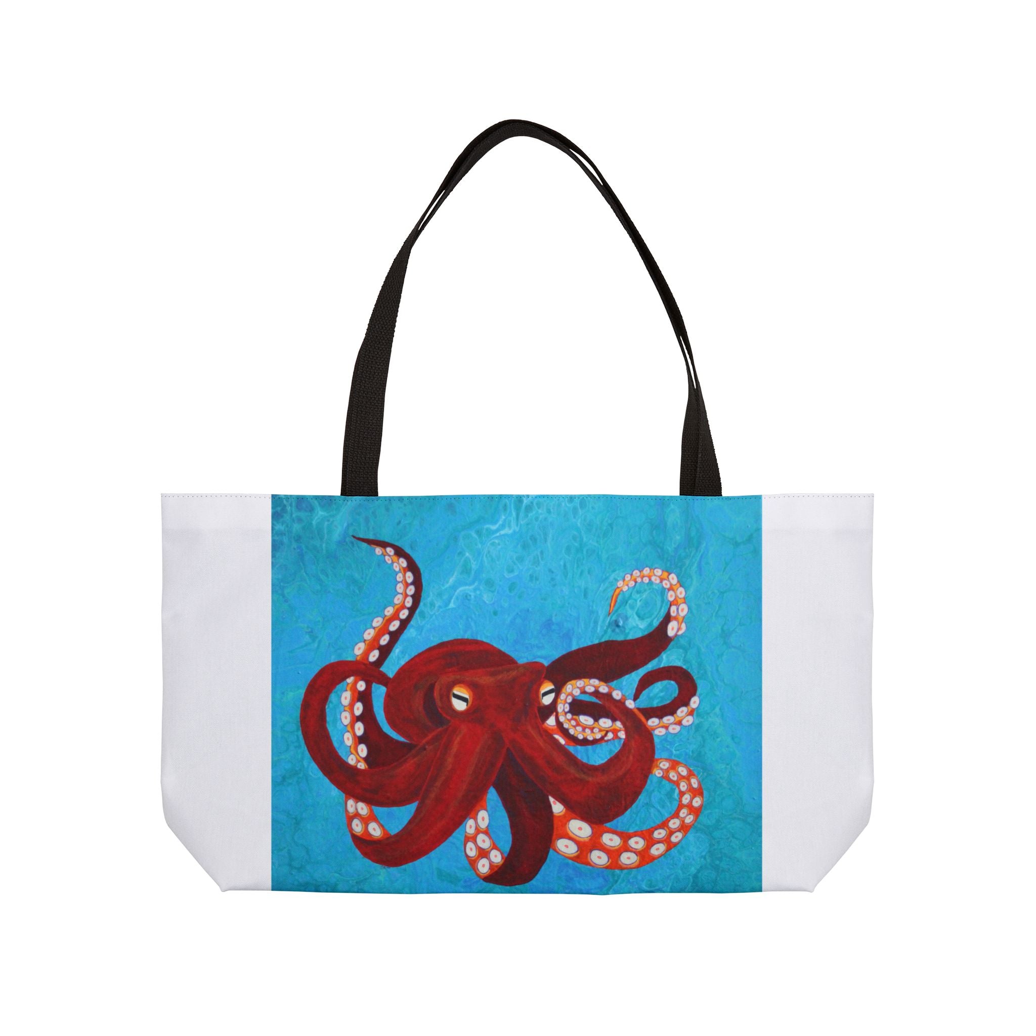 Tote bag with a red octopus design on a blue background
