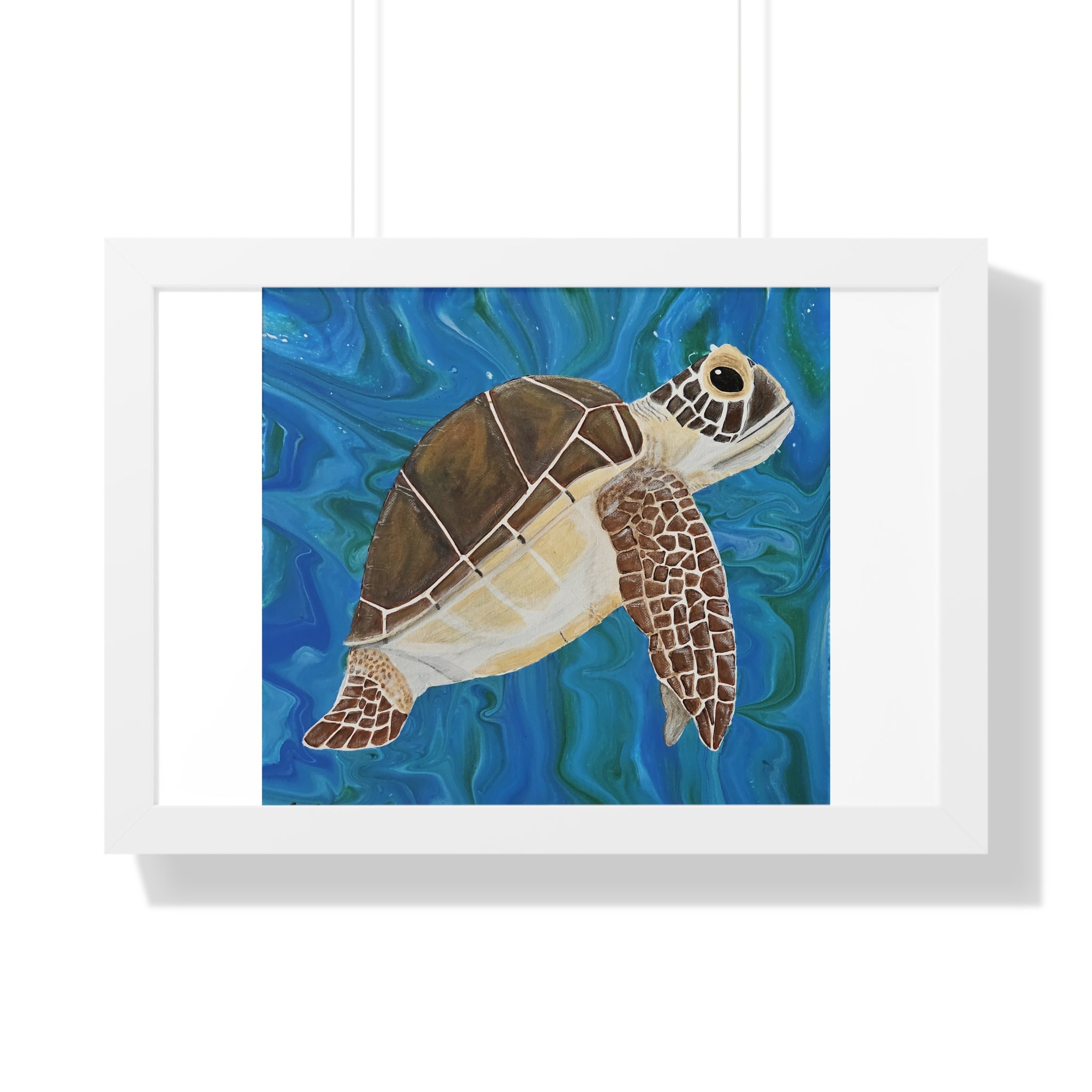 Framed artwork of a turtle on a blue background