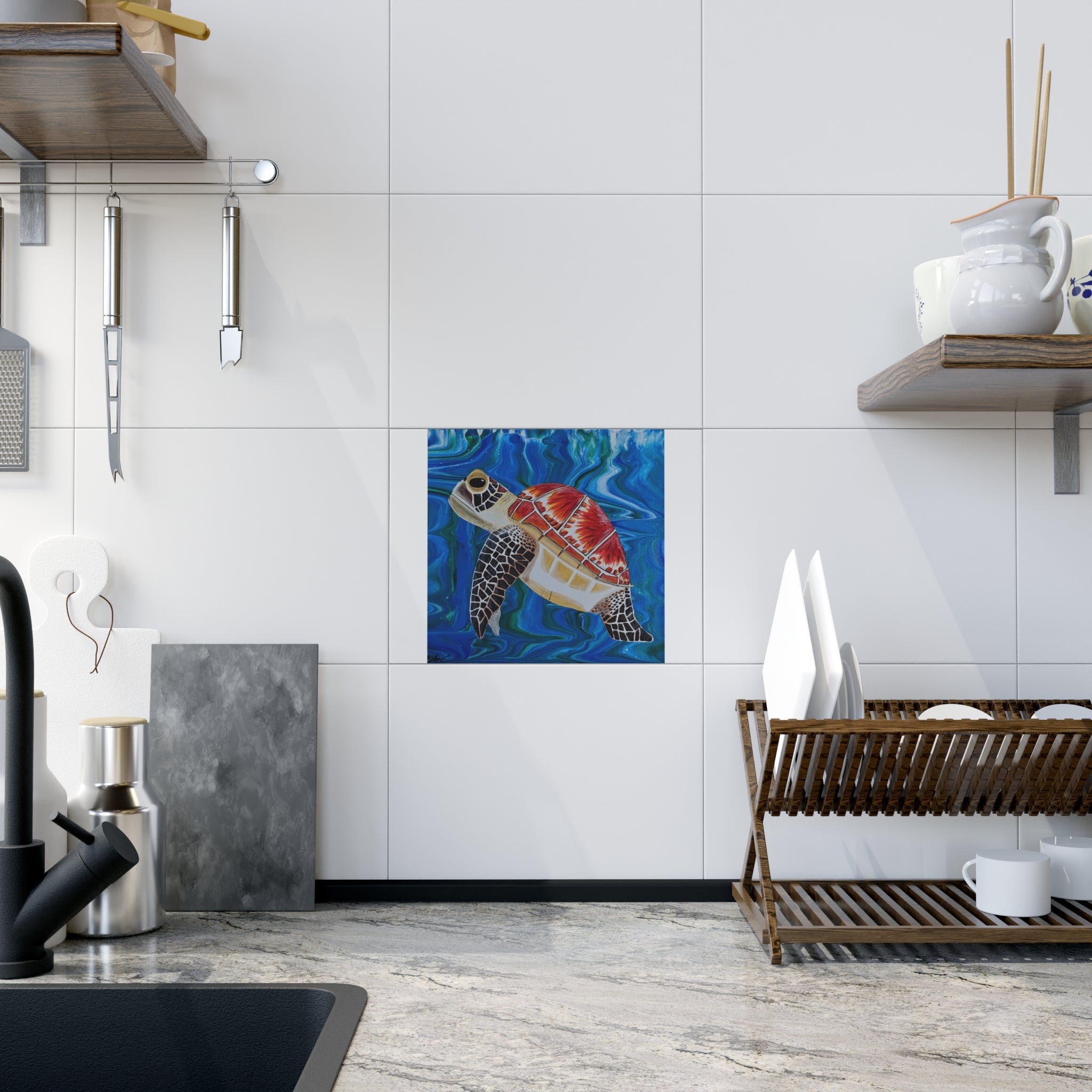 Kitchen with a turtle mosaic on the wall