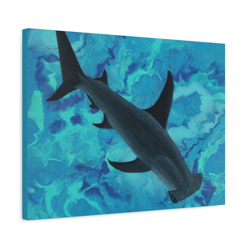 Canvas print of a shark swimming underwater with a blue and green abstract pattern.