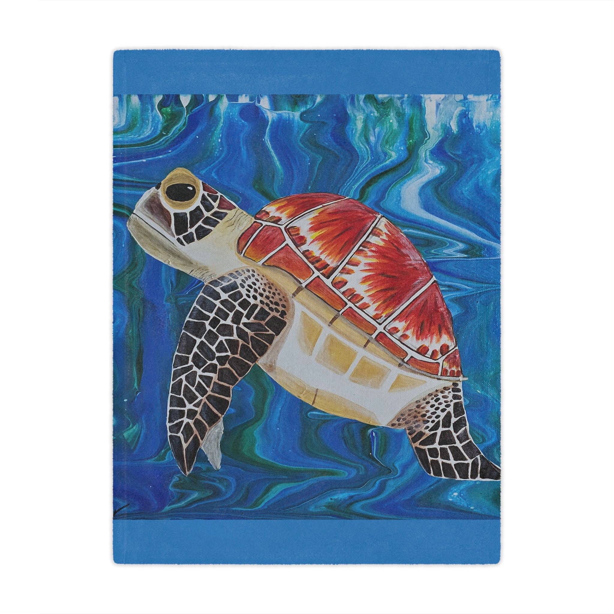 Blanket with a turtle design on a blue watercolor background